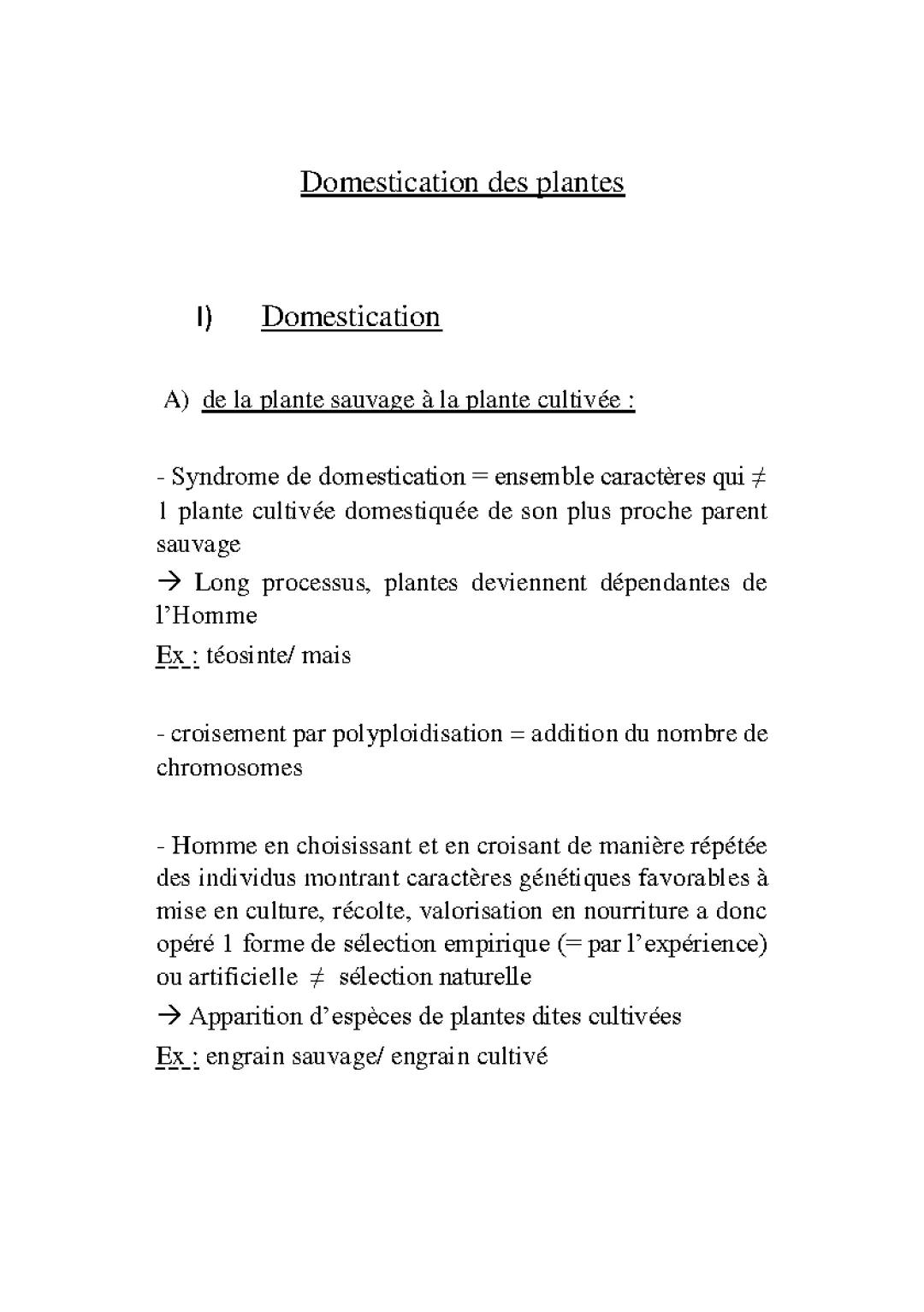 Domestication des plantes PDF pour SVT Terminale - De la plante sauvage à la domestiquée