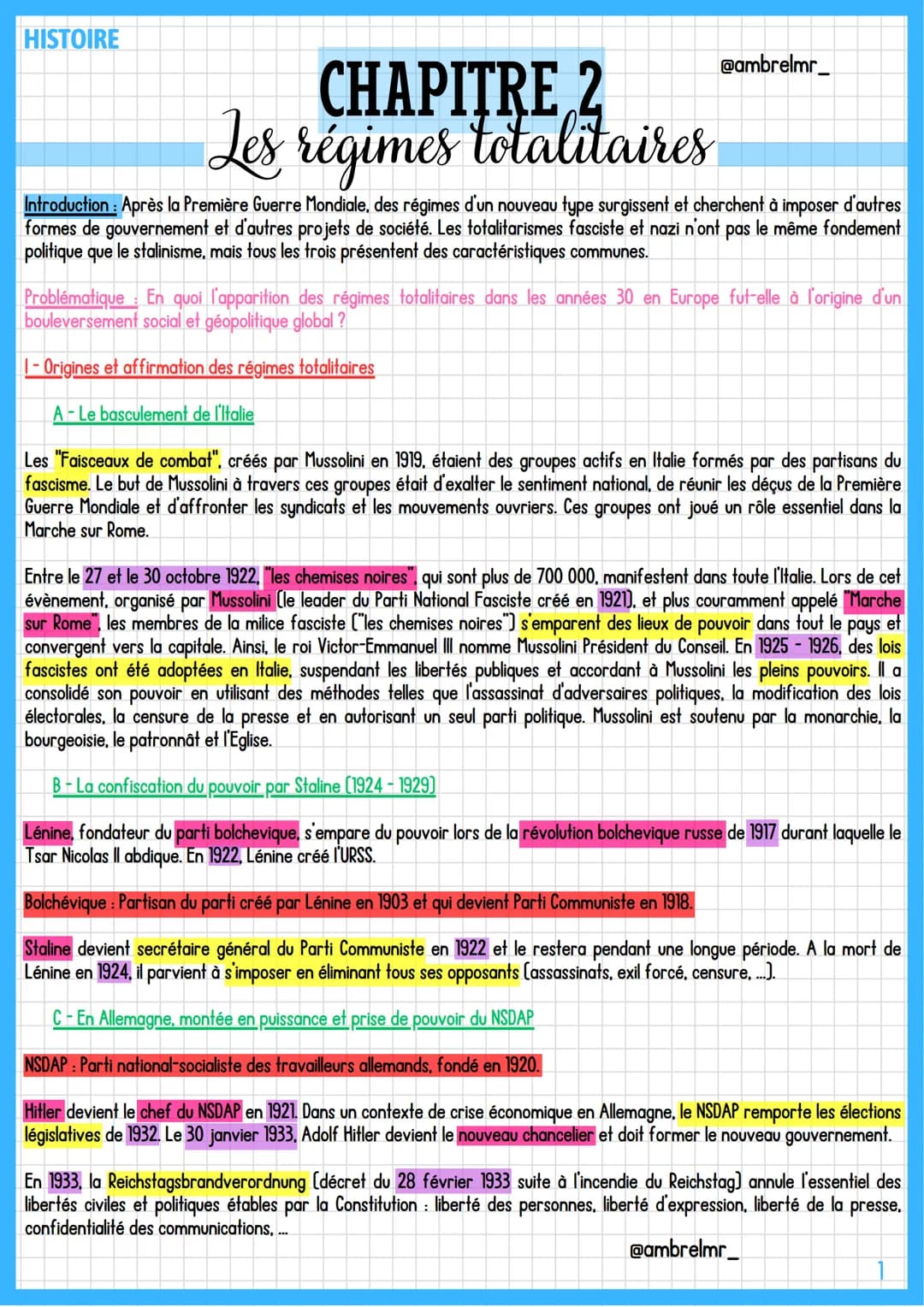 HISTOIRE
CHAPITRE 2
Les régimes totalitaires
@ambrelmr_
Introduction: Après la Première Guerre Mondiale, des régimes d'un nouveau type surgi