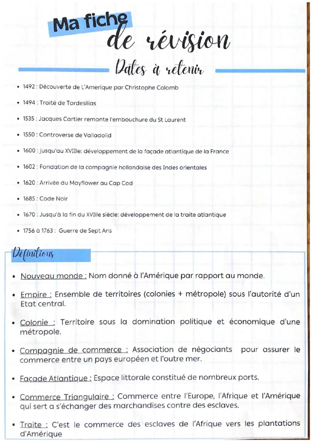 Ma fiche
cho de révision
Dates à retenir
⚫ 1492: Découverte de L'Amerique par Christophe Colomb
■ 1494: Traité de Tordesilias
1535: Jacques 