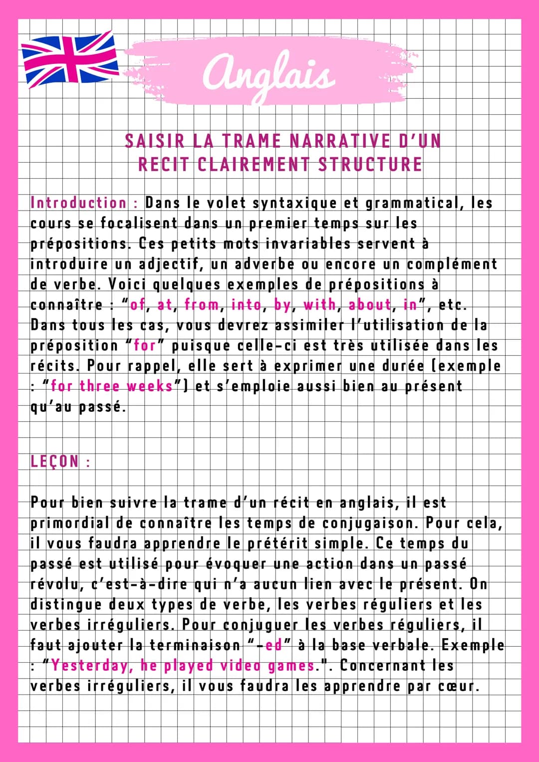 AK
is to
Anglais
SAISIR LA TRAME NARRATIVE D'UN
RECIT CLAIREMENT STRUCTURE
Introduction: Dans le volet syntaxique et grammatical, les
cours 