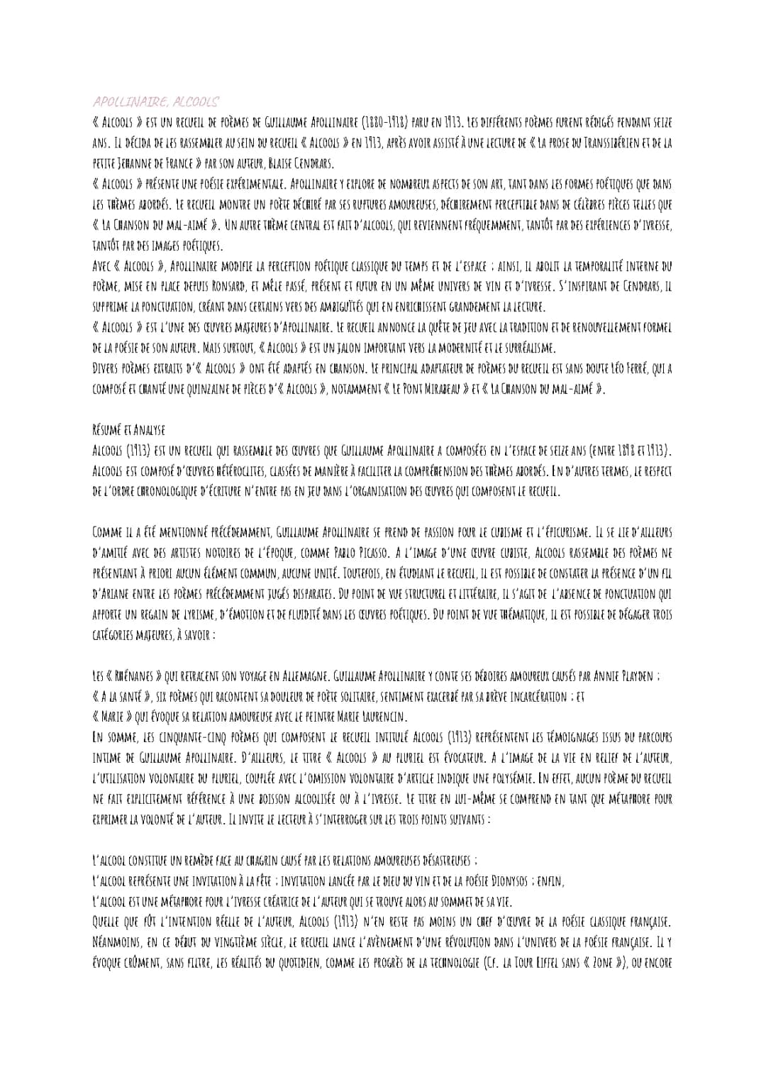 Découvre 'Alcools' de Guillaume Apollinaire : Résumés et Explications