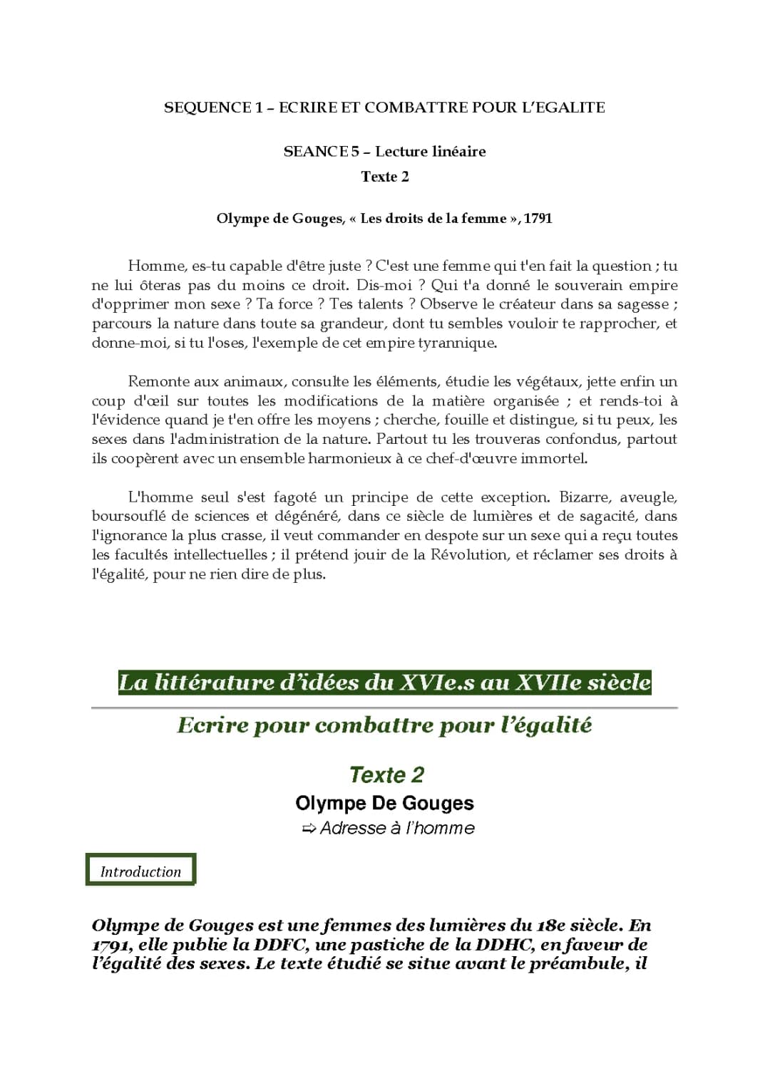 Analyse Linéaire du Préambule et Postambule d'Olympe de Gouges - PDF et Fiches de Lecture