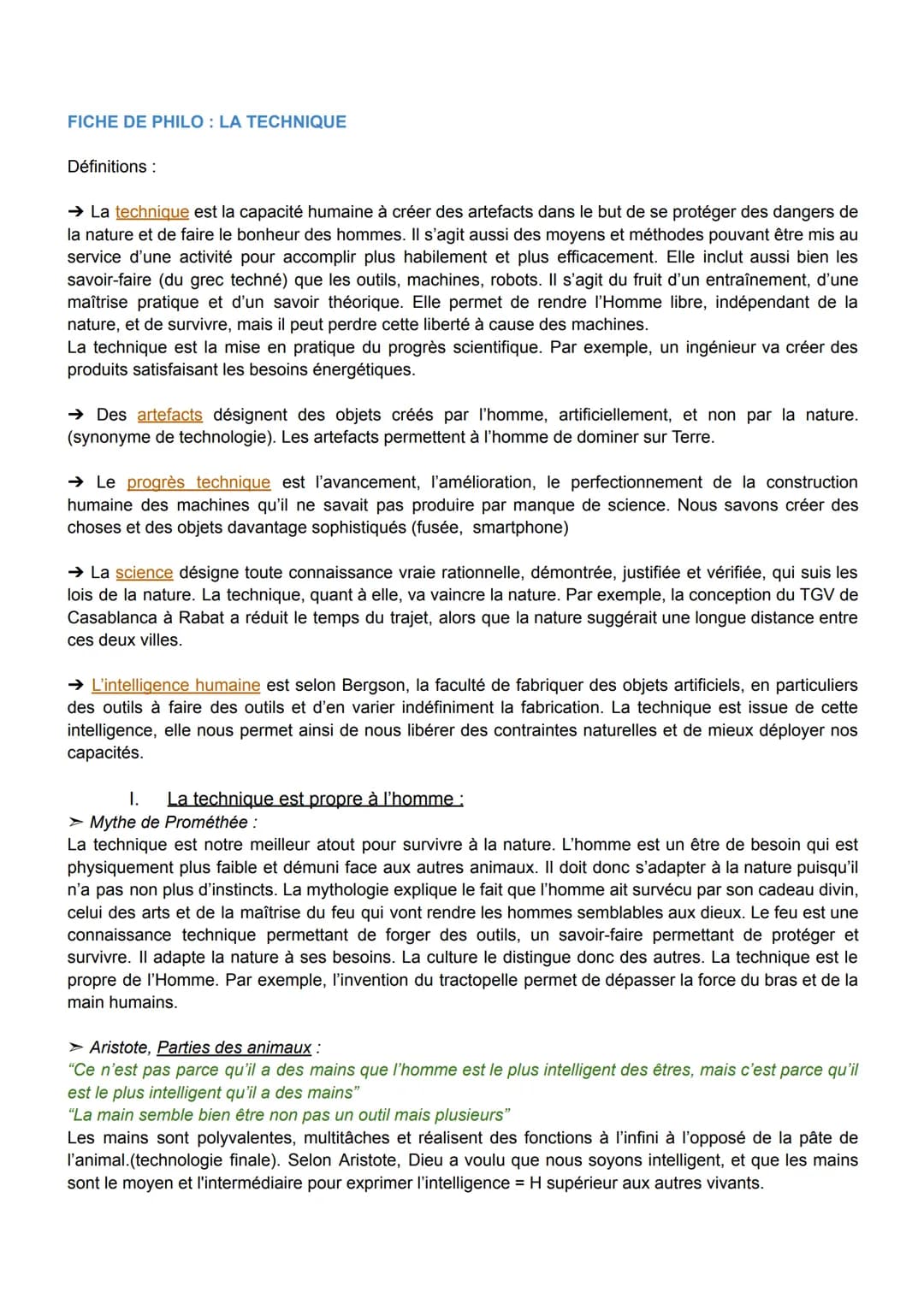 FICHE DE PHILO: LA TECHNIQUE
Définitions :
→ La technique est la capacité humaine à créer des artefacts dans le but de se protéger des dange
