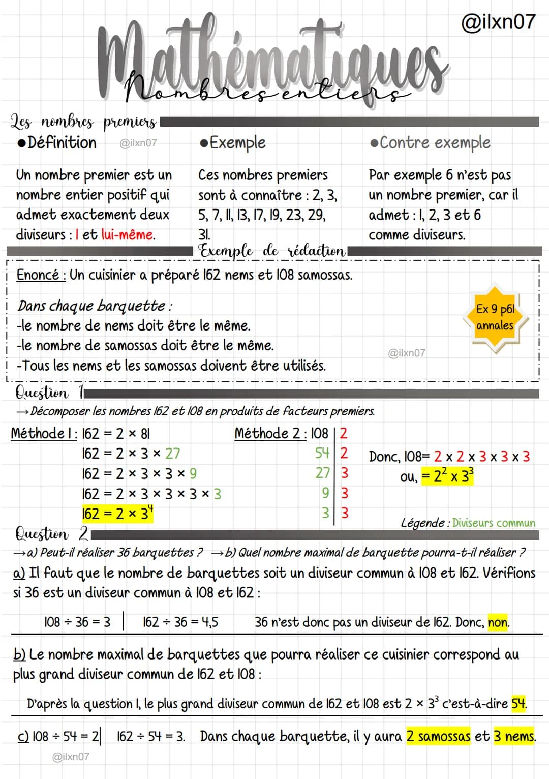 Mathématiques
Les nombres premiers !
Définition @ilxn07
Un nombre premier est un
nombre entier positif qui
admet exactement deux
diviseurs: 