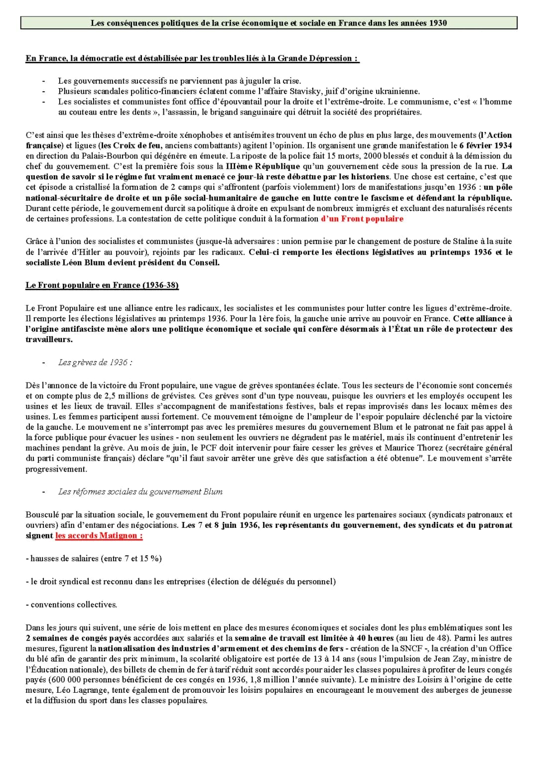 Les conséquences politiques de la crise économique et sociale en France dans les années 1930
