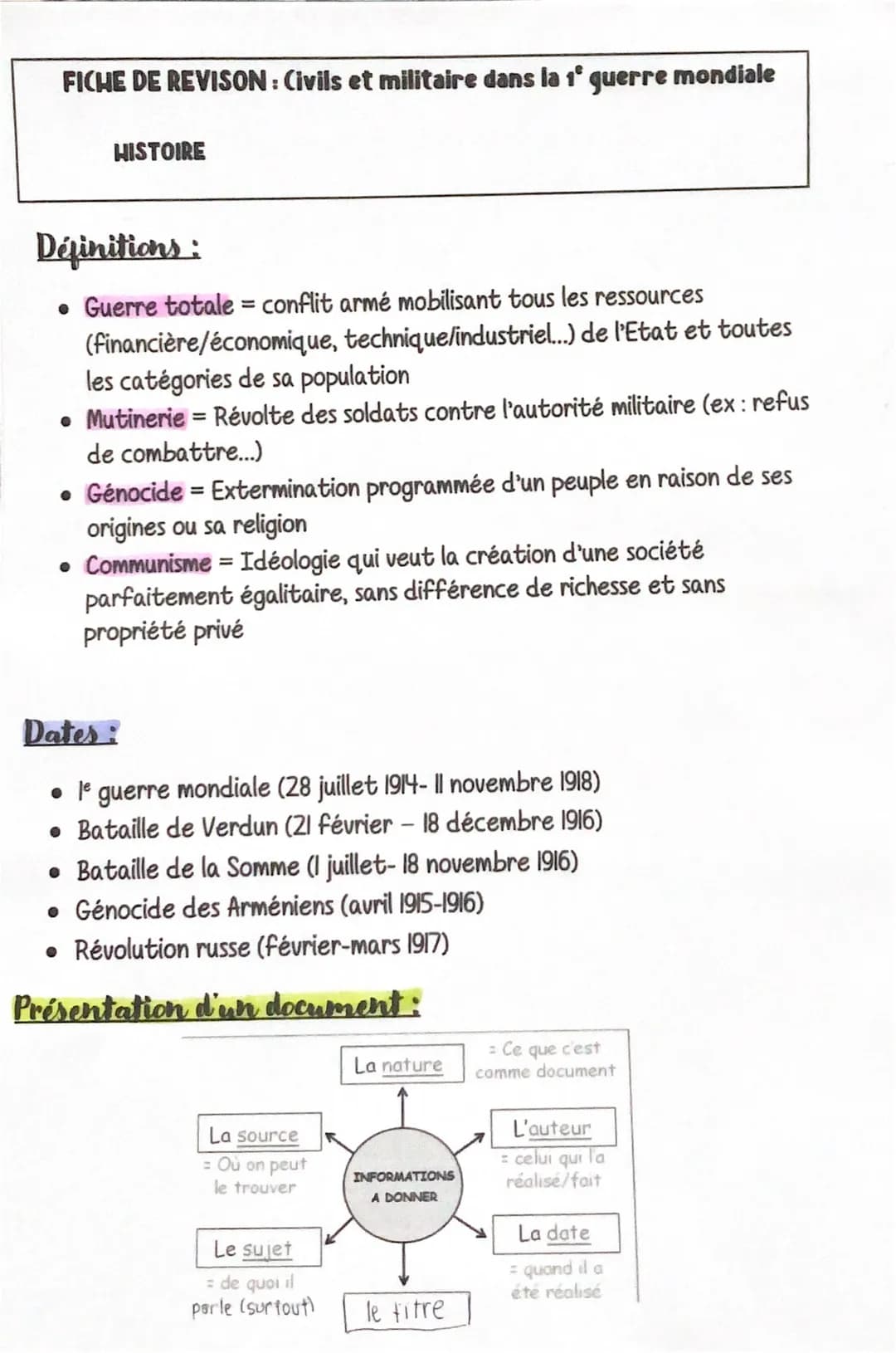 FICHE DE REVISON: Civils et militaire dans la 1° guerre mondiale
HISTOIRE
Définitions :
• Guerre totale = conflit armé mobilisant tous les r