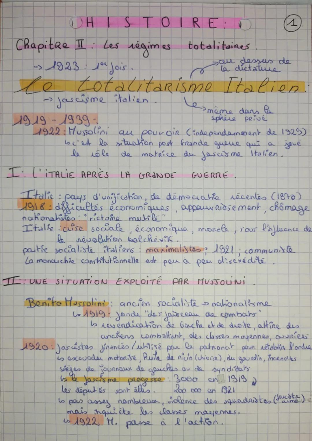 HISTOIRE (
Chapitre II : Les régimes totalitaines
→ 1923 19 Jois.
le totalitarisme Italien.
→ Jascisme italien
sau dessus de
la dictature
A
