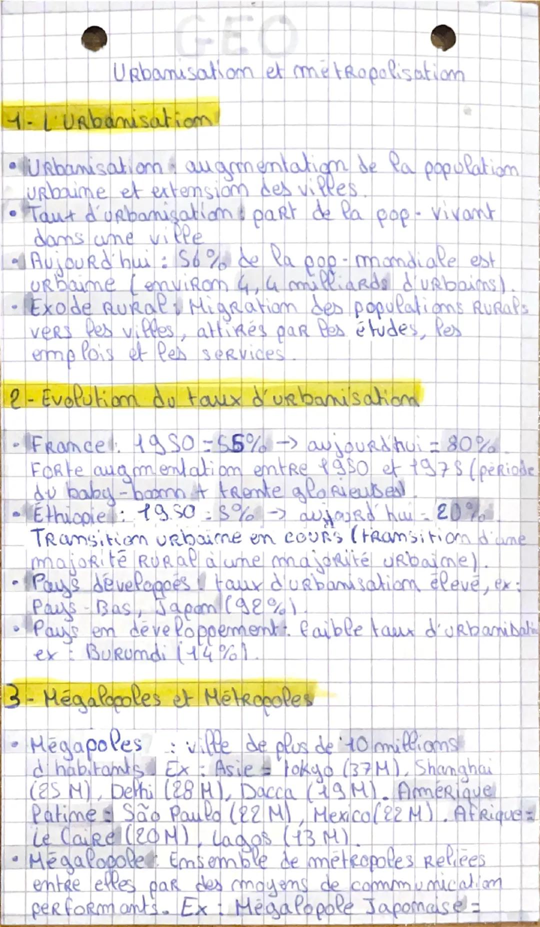 # GEO

Urbanisation et metropolisatiom

1-L'Urbanisation!

• Urbanisation, augmentation de la population.
urbaine et extension des villes

•