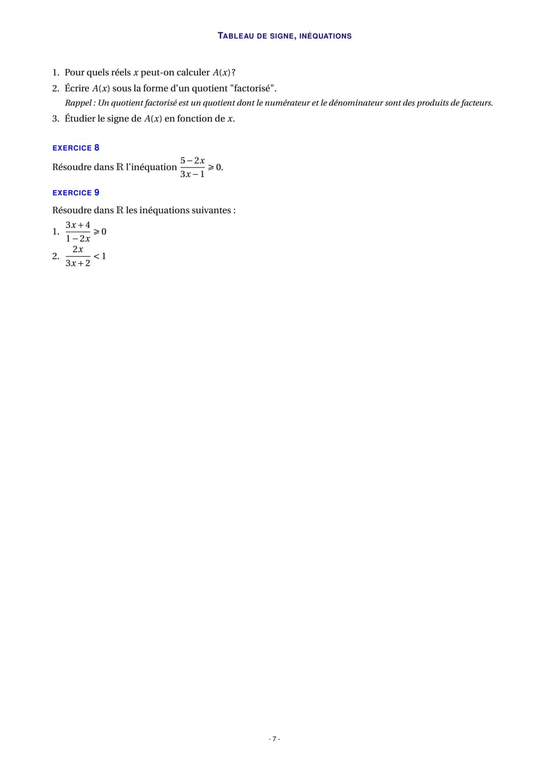 EXERCICE 1
Soit f la fonction définie sur l'intervalle ] - 2; +∞o[ par f(x) =
dans le plan muni d'un repère orthogonal ci-dessous.
-2
X
y
f(