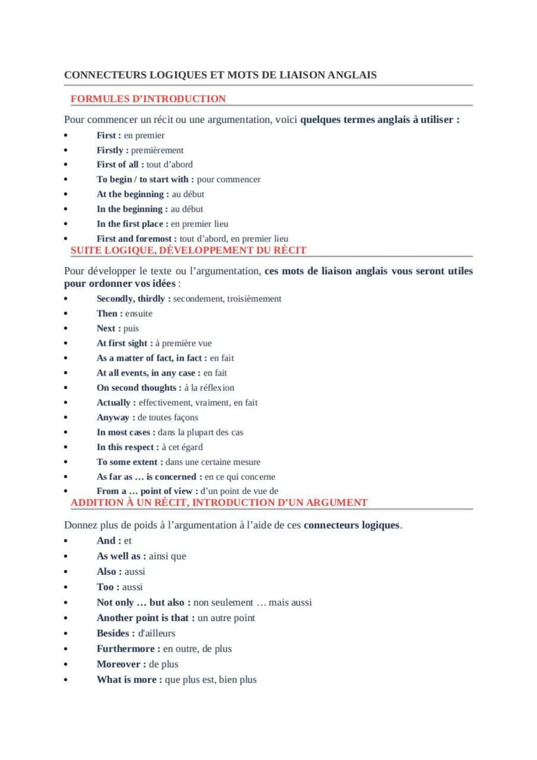 CONNECTEURS LOGIQUES ET MOTS DE LIAISON ANGLAIS
FORMULES D'INTRODUCTION
Pour commencer un récit ou une argumentation, voici quelques termes 
