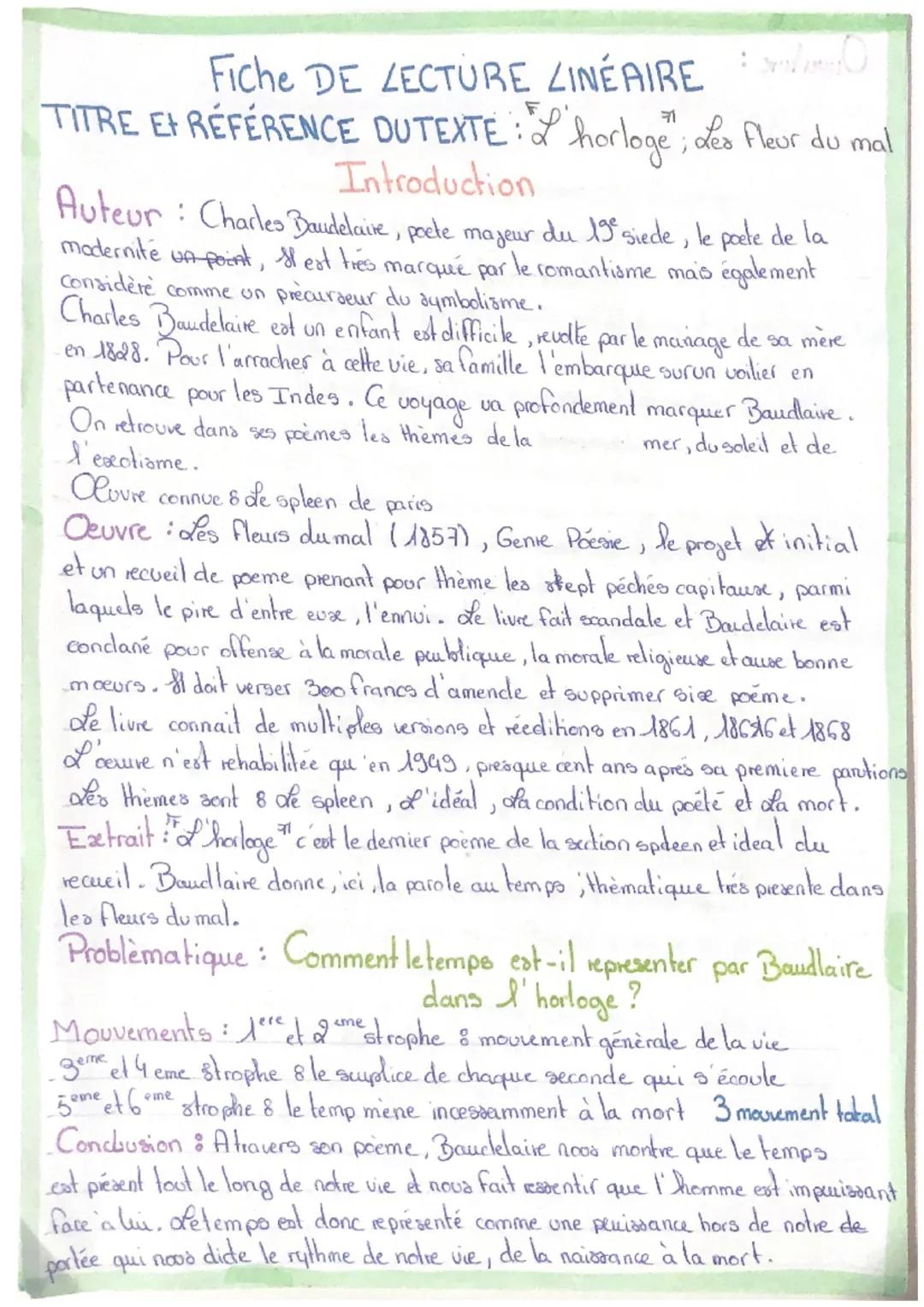 # Fiche DE LECTURE ZINÉAIRE

TITRE ET RÉFÉRENCE DUTEXTE : & horloge"; des Fleur du mal

## Introduction

Auteur: Charles Daudelaire, pocte m