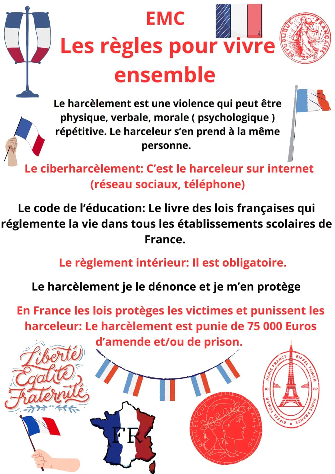 EMC
Les règles pour vivre
ensemble
Le harcèlement est une violence qui peut être
physique, verbale, morale (psychologique)
répétitive. Le ha