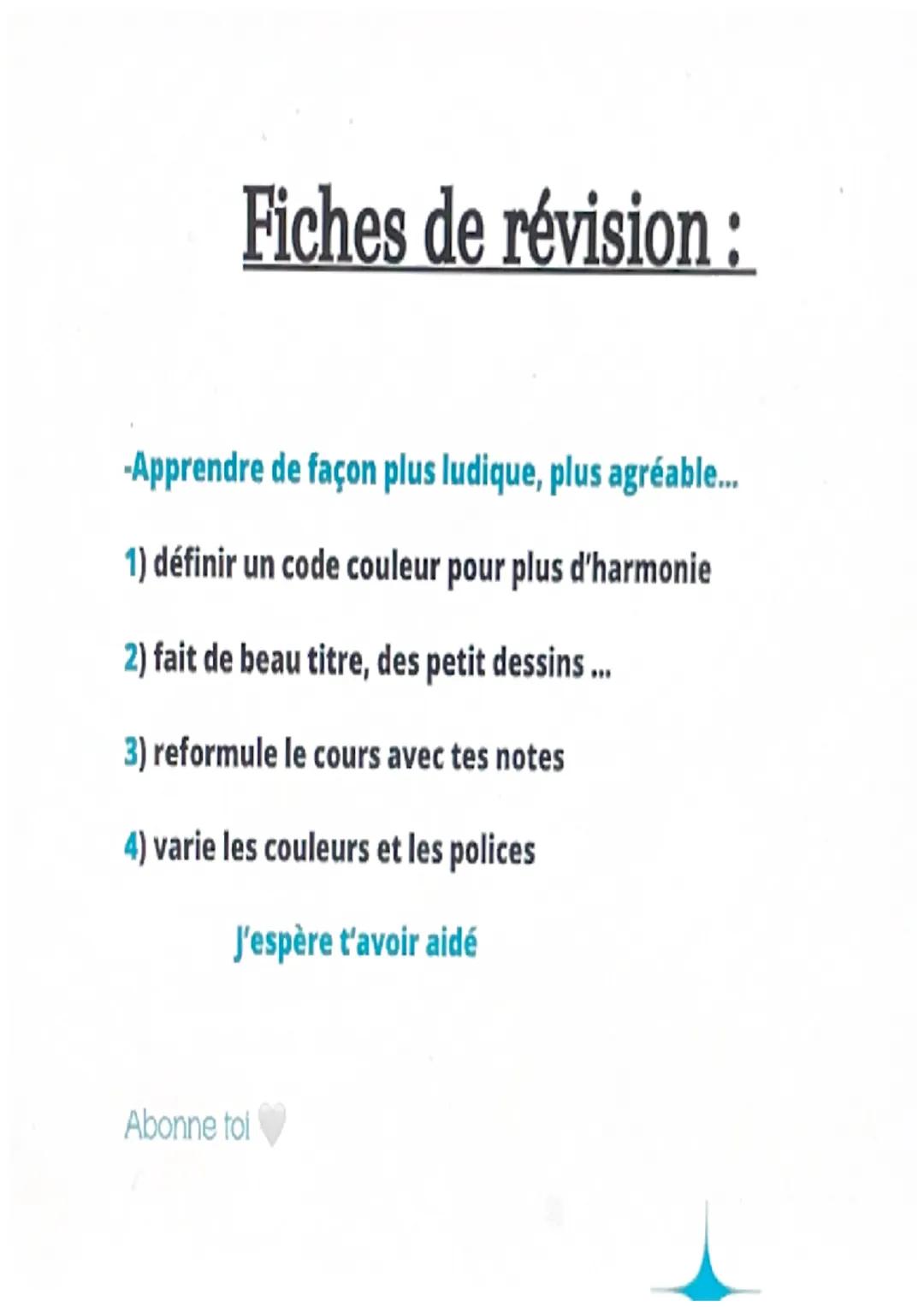 Fiches de révision:
-Apprendre de façon plus ludique, plus agréable....
1) définir un code couleur pour plus d'harmonie
2) fait de beau titr