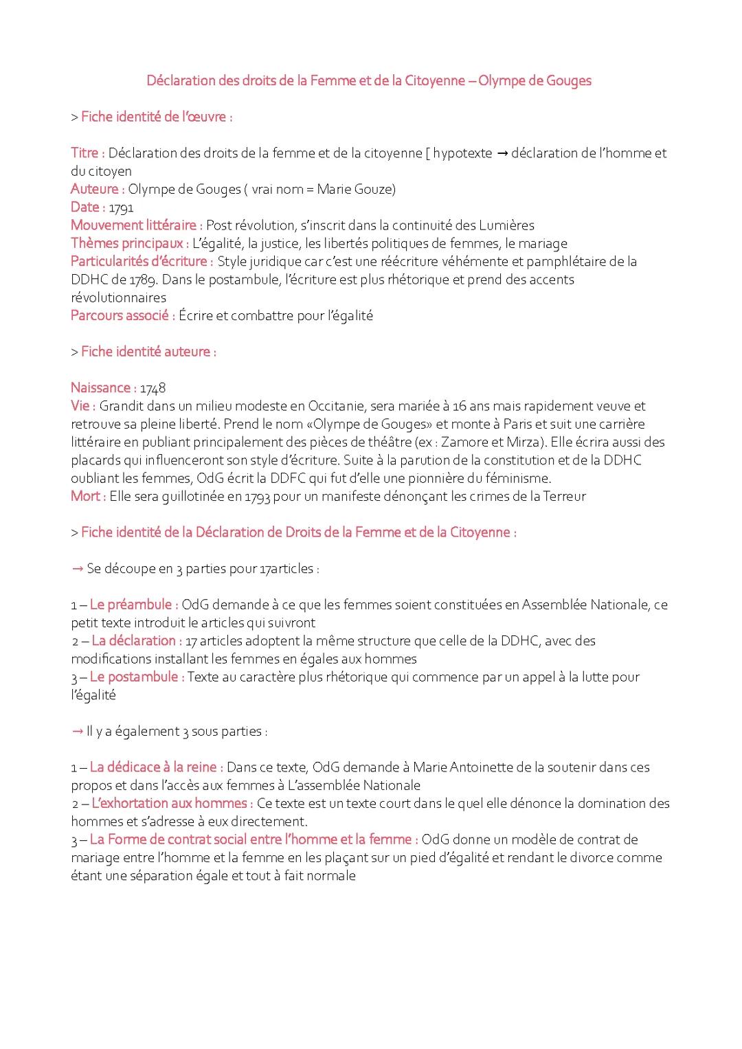 Fiche de lecture: Déclaration des droits de la femme et de la citoyenne par Olympe de Gouges - PDF et analyse linéaire