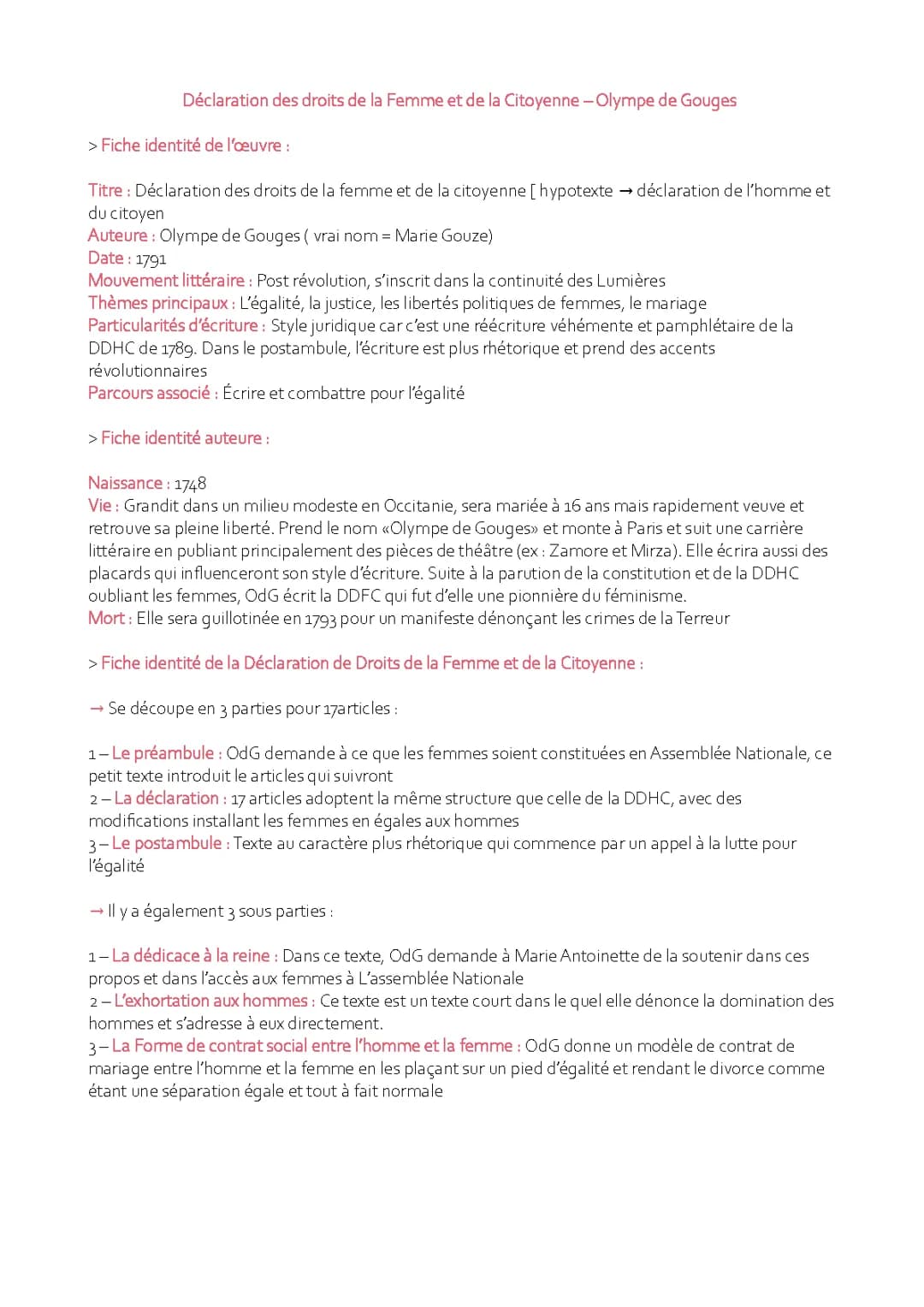 Fiche de lecture: Déclaration des droits de la femme et de la citoyenne par Olympe de Gouges - PDF et analyse linéaire