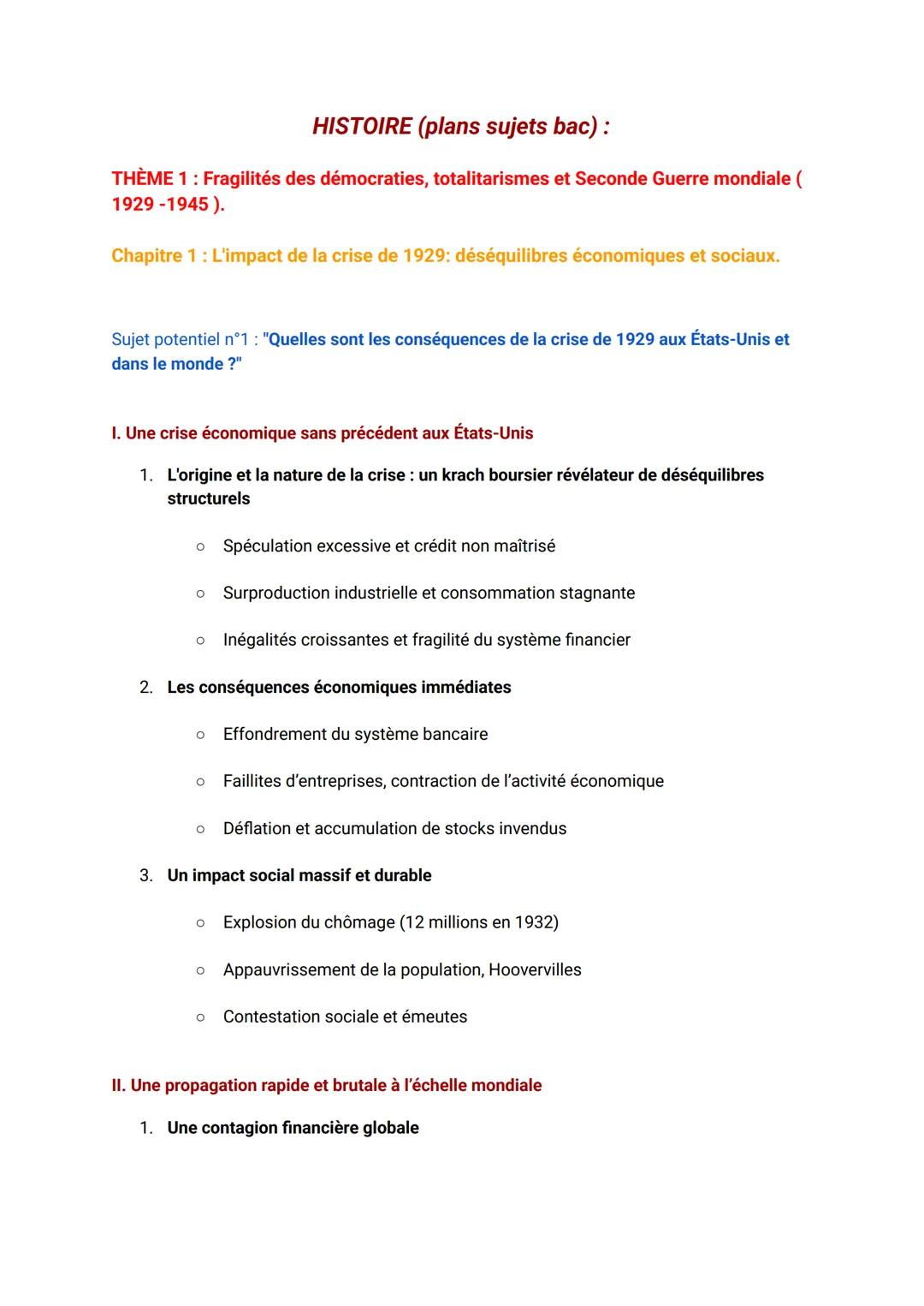 HISTOIRE (plans sujets bac):
THÈME 1: Fragilités des démocraties, totalitarismes et Seconde Guerre mondiale (
1929-1945).
Chapitre 1: L'impa