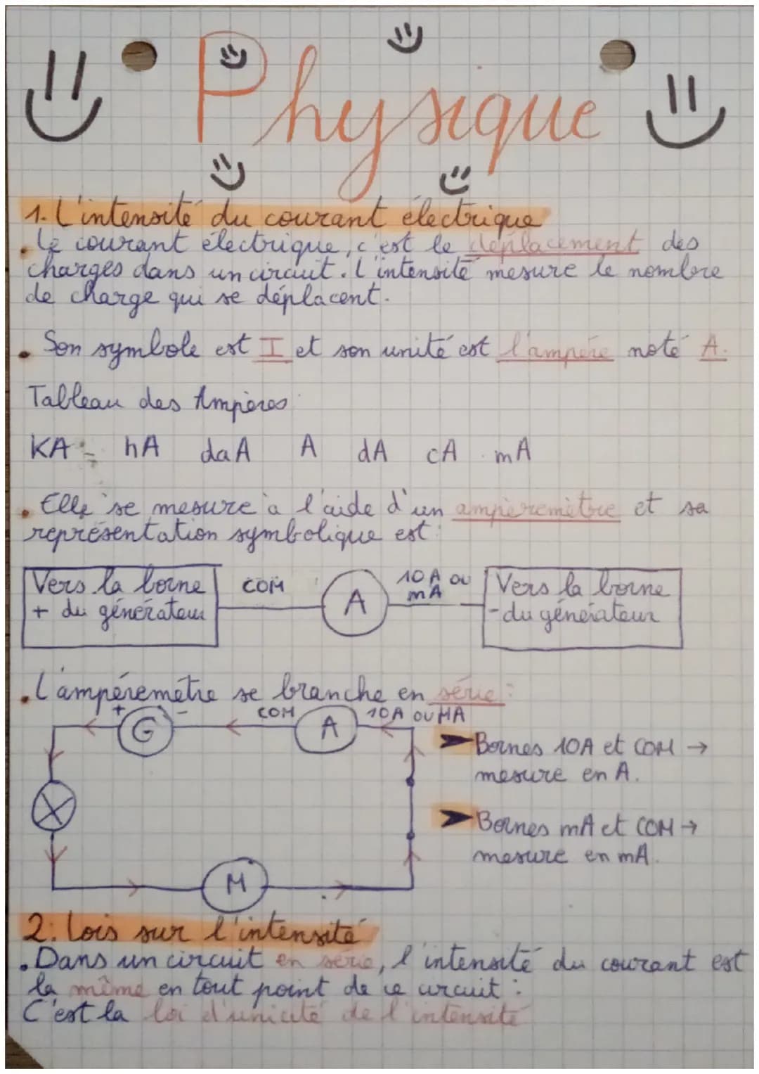 ☺
Physique
des
1. L'intensité du courant electrique
le courant électrique, I intensite mesure le nombre
le
charges dans un circuit
de charge