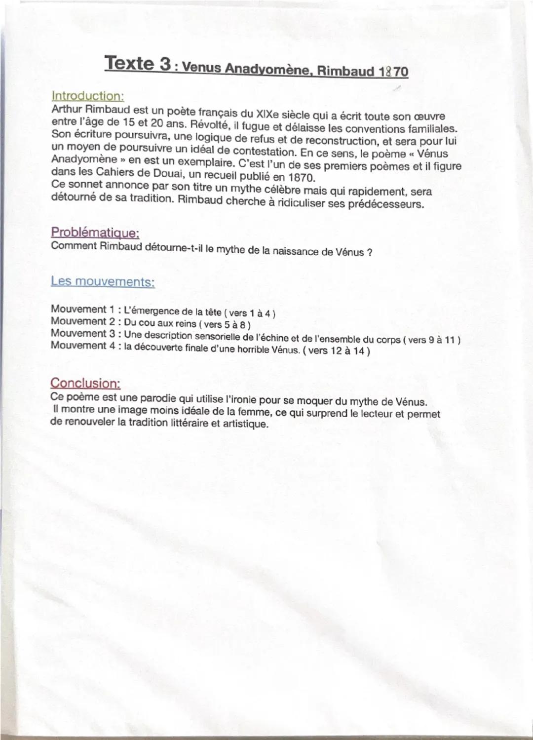 Texte 3: Venus Anadyomène, Rimbaud 1870
Introduction:
Arthur Rimbaud est un poète français du XIXe siècle qui a écrit toute son œuvre
entre 