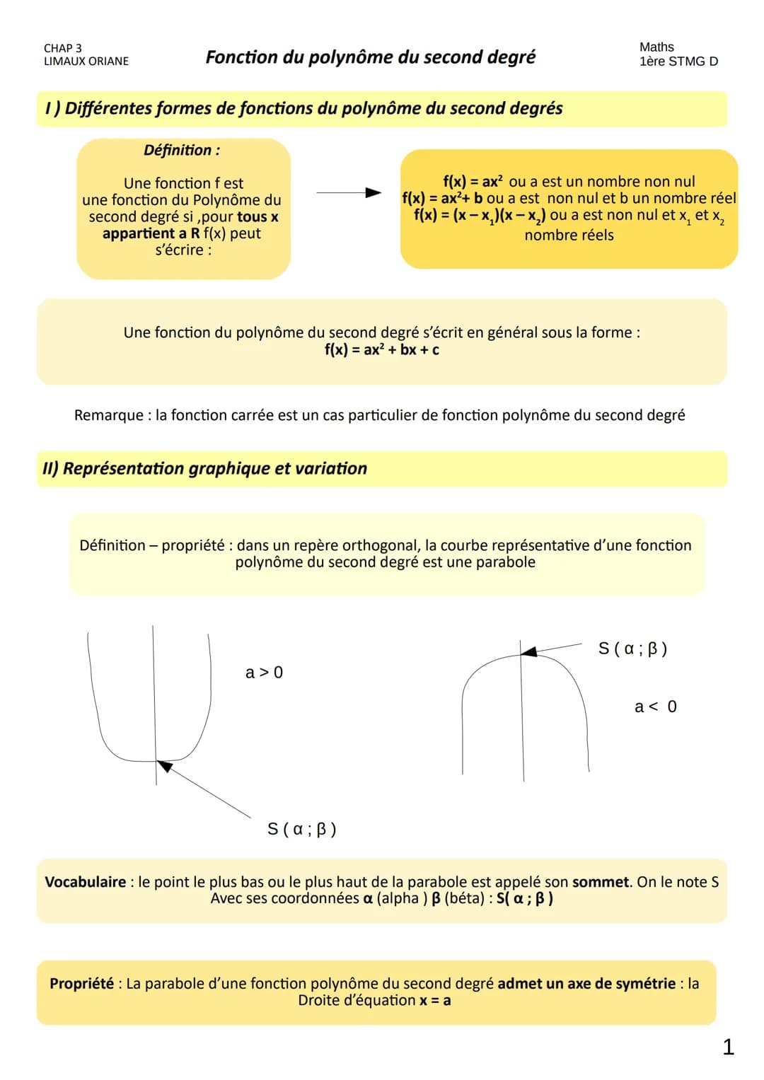 CHAP 3
LIMAUX ORIANE
Fonction du polynôme du second degré
1) Différentes formes de fonctions du polynôme du second degrés
Définition:
Une fo