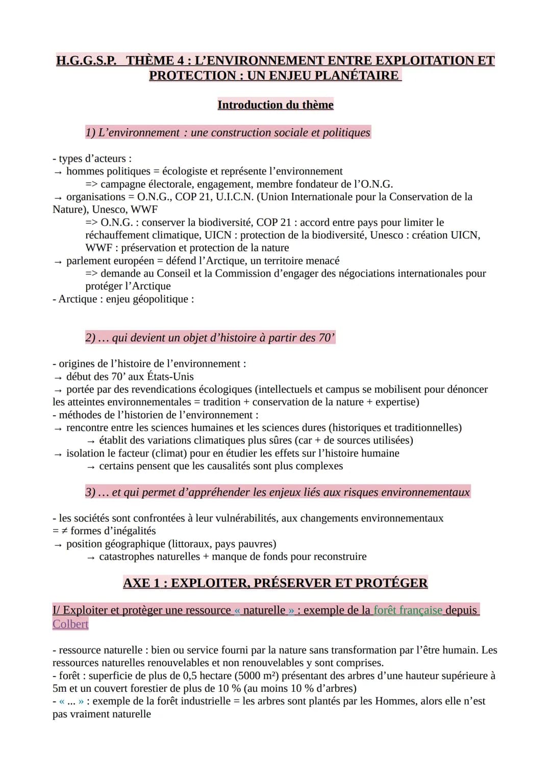 H.G.G.S.P. THÈME 4 : L'ENVIRONNEMENT ENTRE EXPLOITATION ET
PROTECTION : UN ENJEU PLANÉTAIRE
Introduction du thème
1) L'environnement : une c