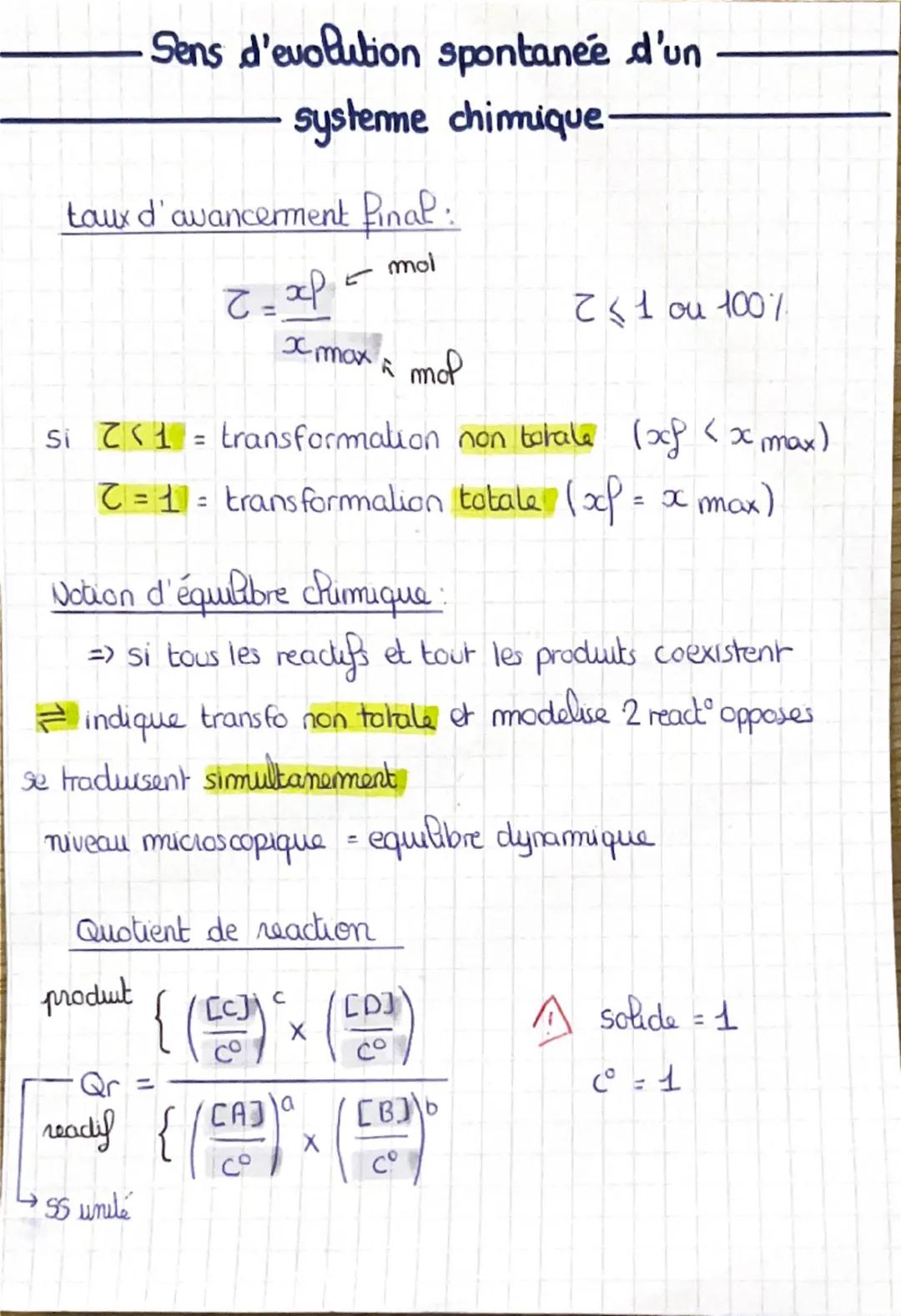 Sens d'evolution spontanée d'un
systeme chimique.
taux d'avancement final:
T =
хр
mol
5
2≤ 1 ou 100%
x max mot
si 71 = transformation non to