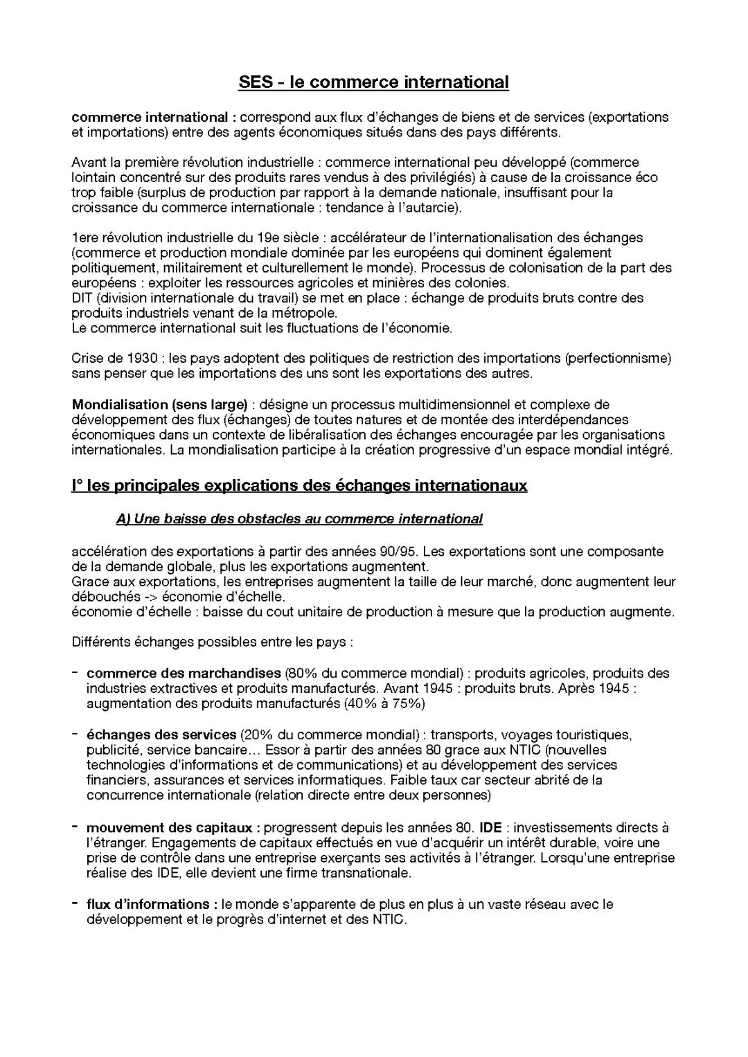 Commerce International SES Terminale PDF: Fiche de Révision et Cours Résumé