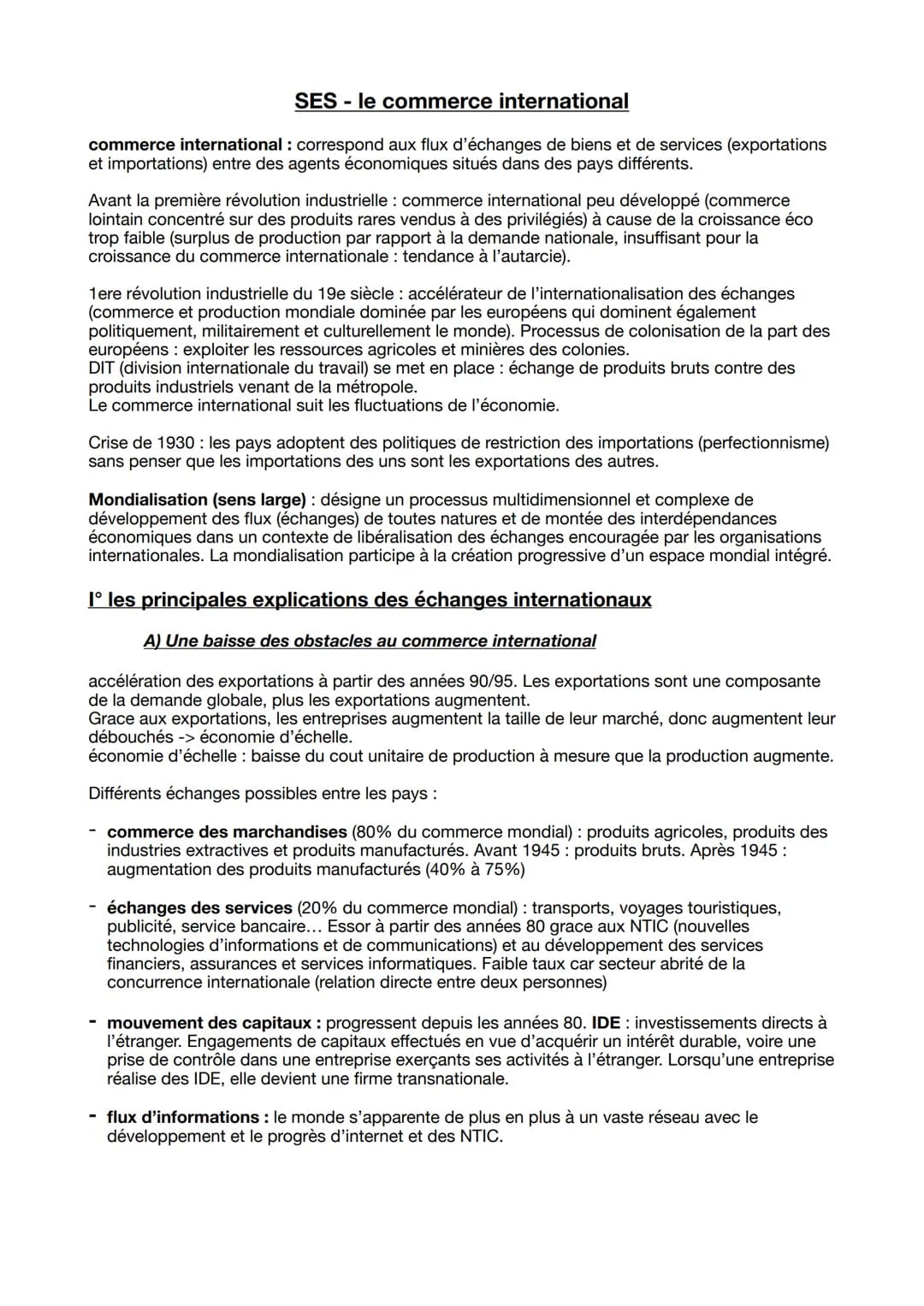 SES - le commerce international
commerce international: correspond aux flux d'échanges de biens et de services (exportations
et importations