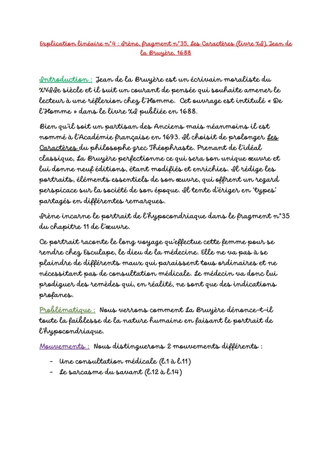 Explication linéaire n°4 : Irène, fragment n°35, Les Caractères, Jean de la Bruyère, 1688