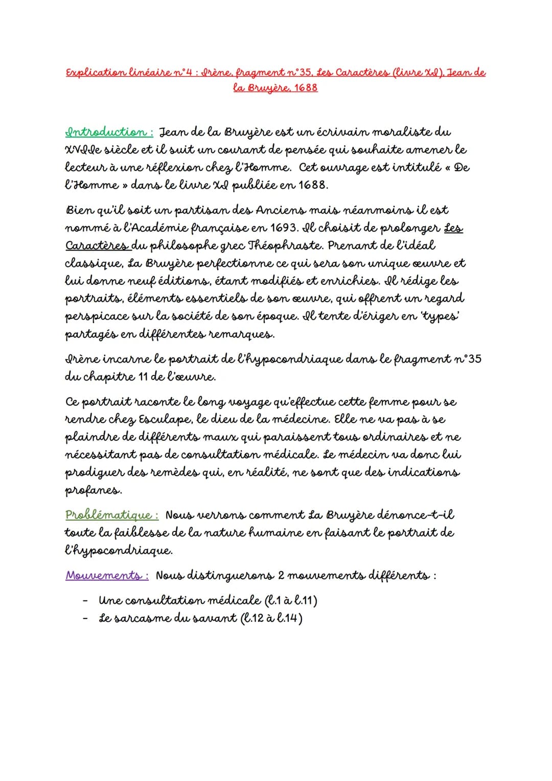 Explication linéaire n°4 : Irène, fragment n°35, Les Caractères (livre XI), Jean de
la Bruyère, 1688
Introduction: Jean de la Bruyère est un