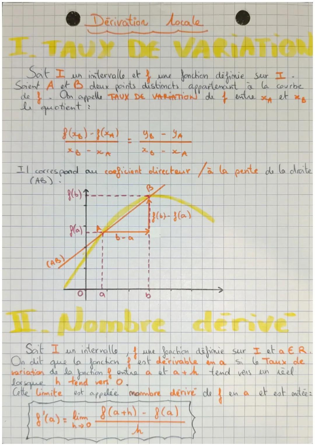 Dérivation locale

I. TAUX DE VARIATION

Sat I un intervalle et f une fonction définie sur I.
Scient A et B deux points distincts appartenan