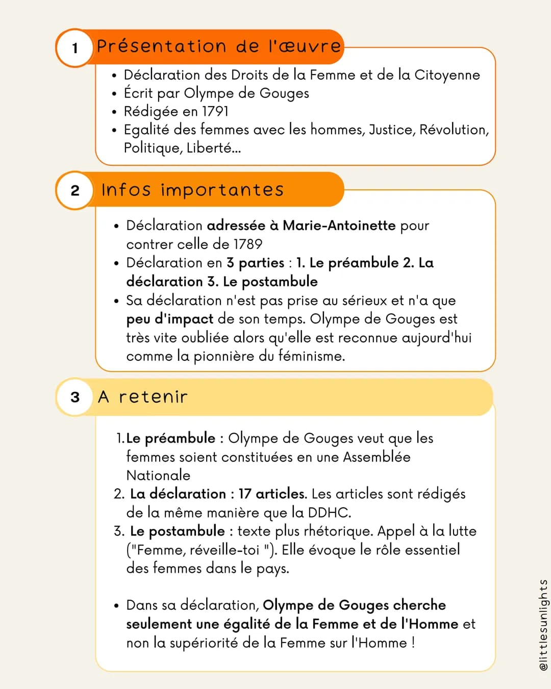 1 Présentation de l'œuvre
• Déclaration des Droits de la Femme et de la Citoyenne
• Écrit par Olympe de Gouges
• Rédigée en 1791
• Egalité d