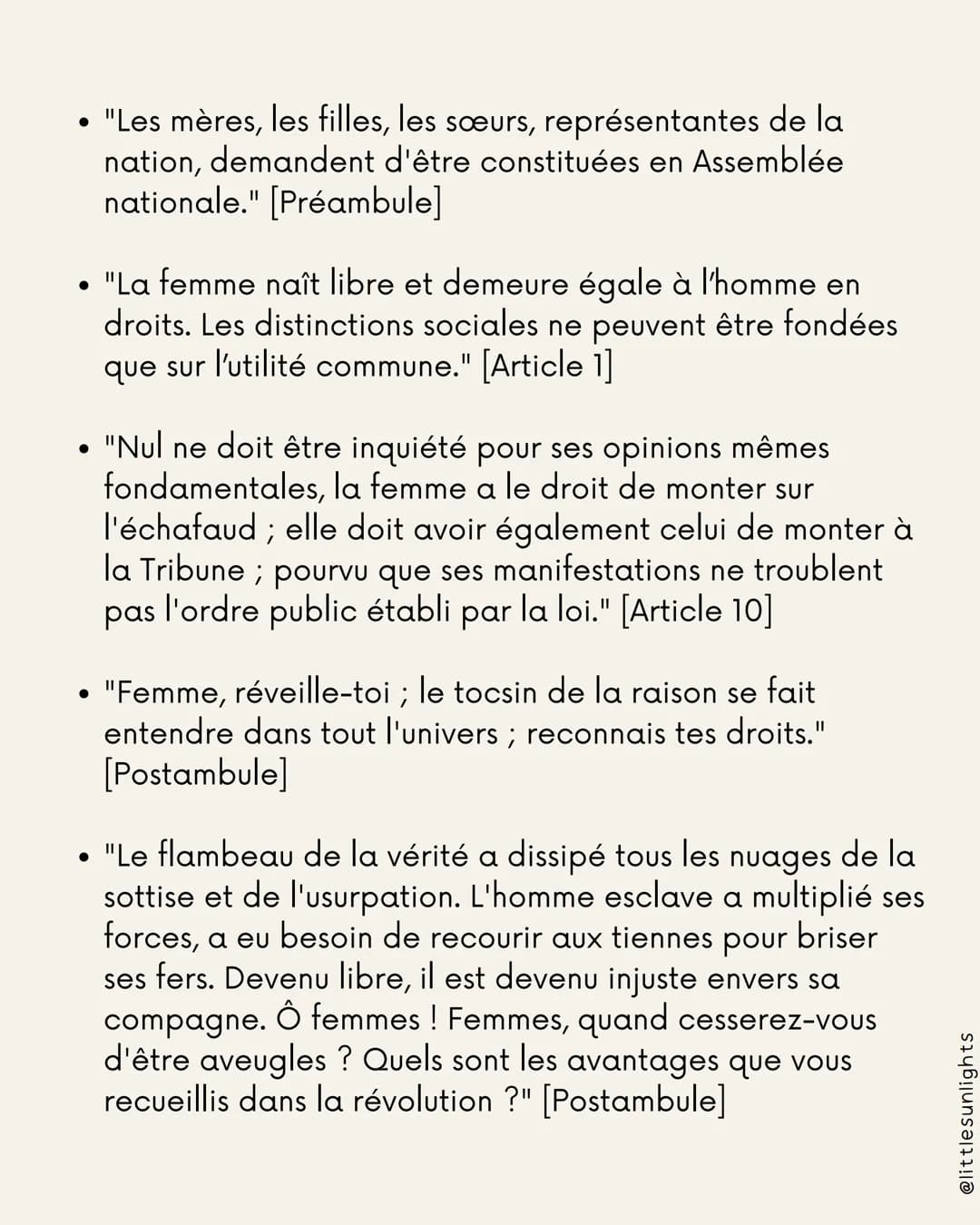 1 Présentation de l'œuvre
• Déclaration des Droits de la Femme et de la Citoyenne
• Écrit par Olympe de Gouges
• Rédigée en 1791
• Egalité d