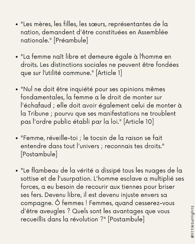 1 Présentation de l'œuvre
• Déclaration des Droits de la Femme et de la Citoyenne
• Écrit par Olympe de Gouges
• Rédigée en 1791
• Egalité d