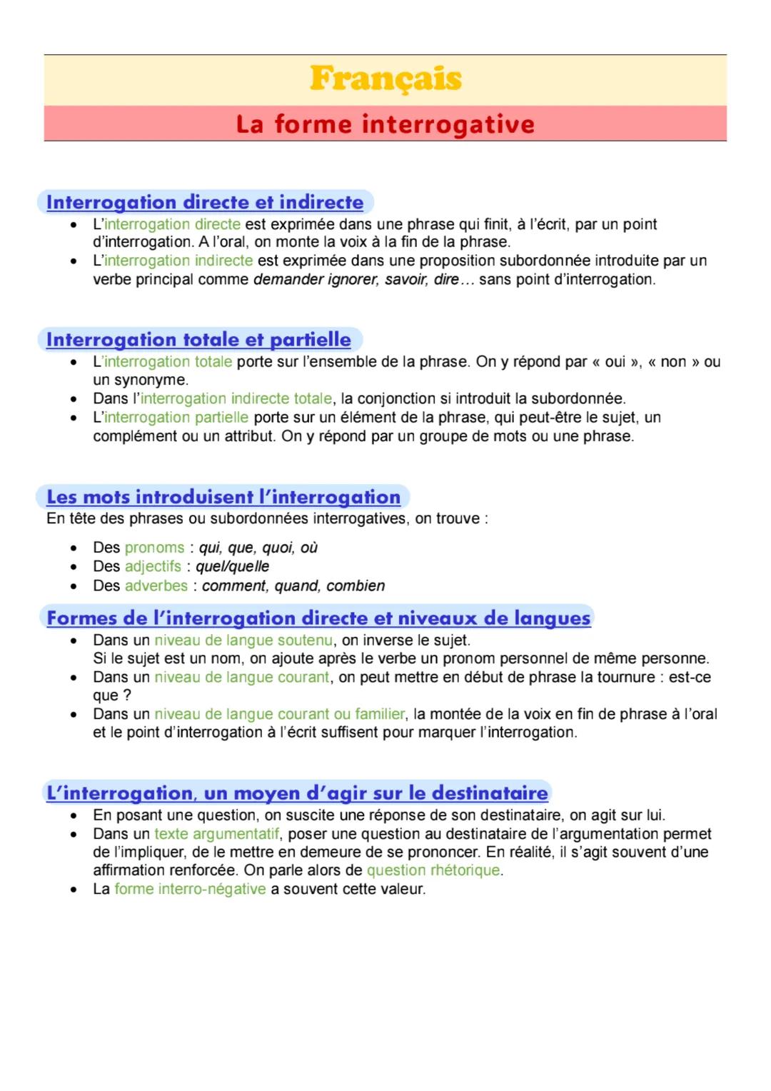 Français
La forme interrogative
Interrogation directe et indirecte
• L'interrogation directe est exprimée dans une phrase qui finit, à l'écr