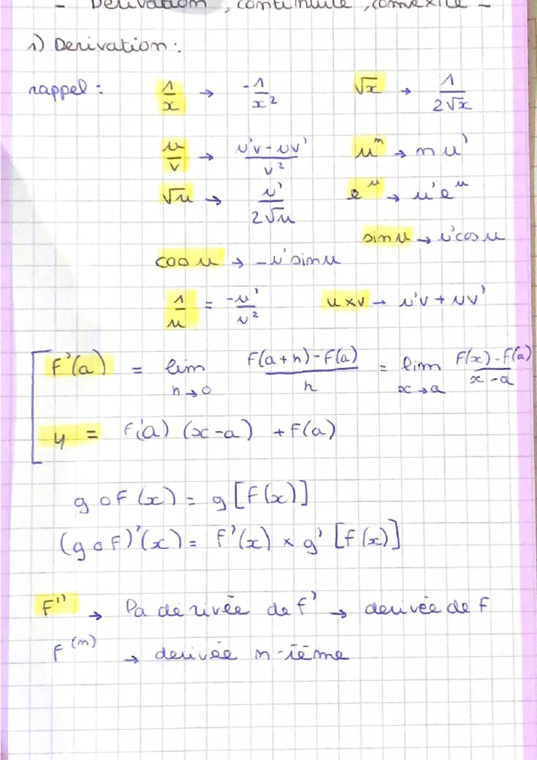 1) Derivation.
rappel :
[F²(a)
4
11
F"
-
F (m)
↑
<18 31> (3²
↑
↑
coou →
<13
스
M
lim
=
N'v-uv'
u
^
x2
N
اید
2 Ju
1
2
W'sinu
f(a+h)-f(a)
h
fia