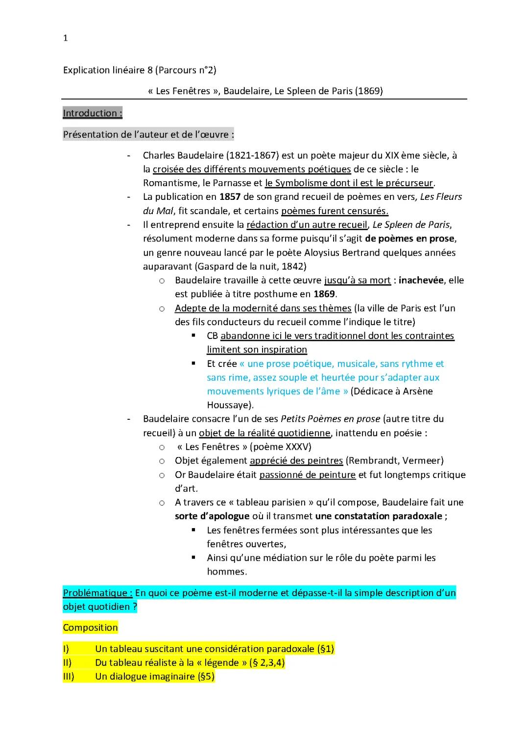 Les fenêtres Baudelaire PDF - Explication linéaire