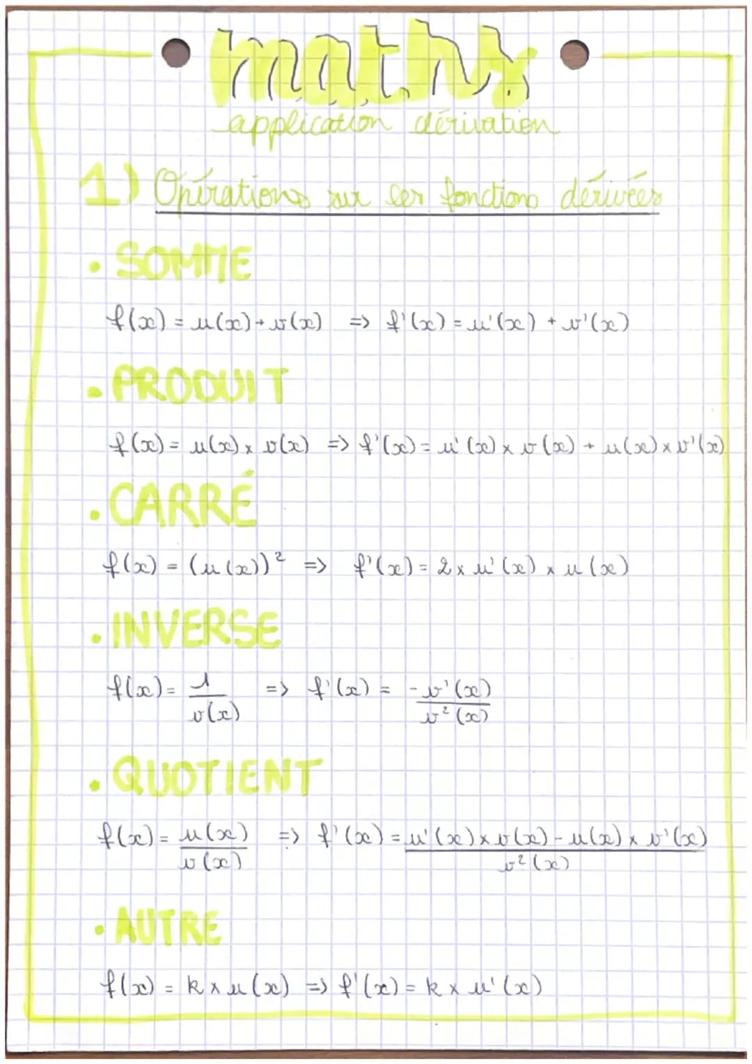 mathy
application dérivation
1) Operations sur les fonctions dérivées
• SOMME
f(x) = u(x)+(x) => &'bxx) = u bbc) + v'(x).
PRODUIT
f(x) = u(x