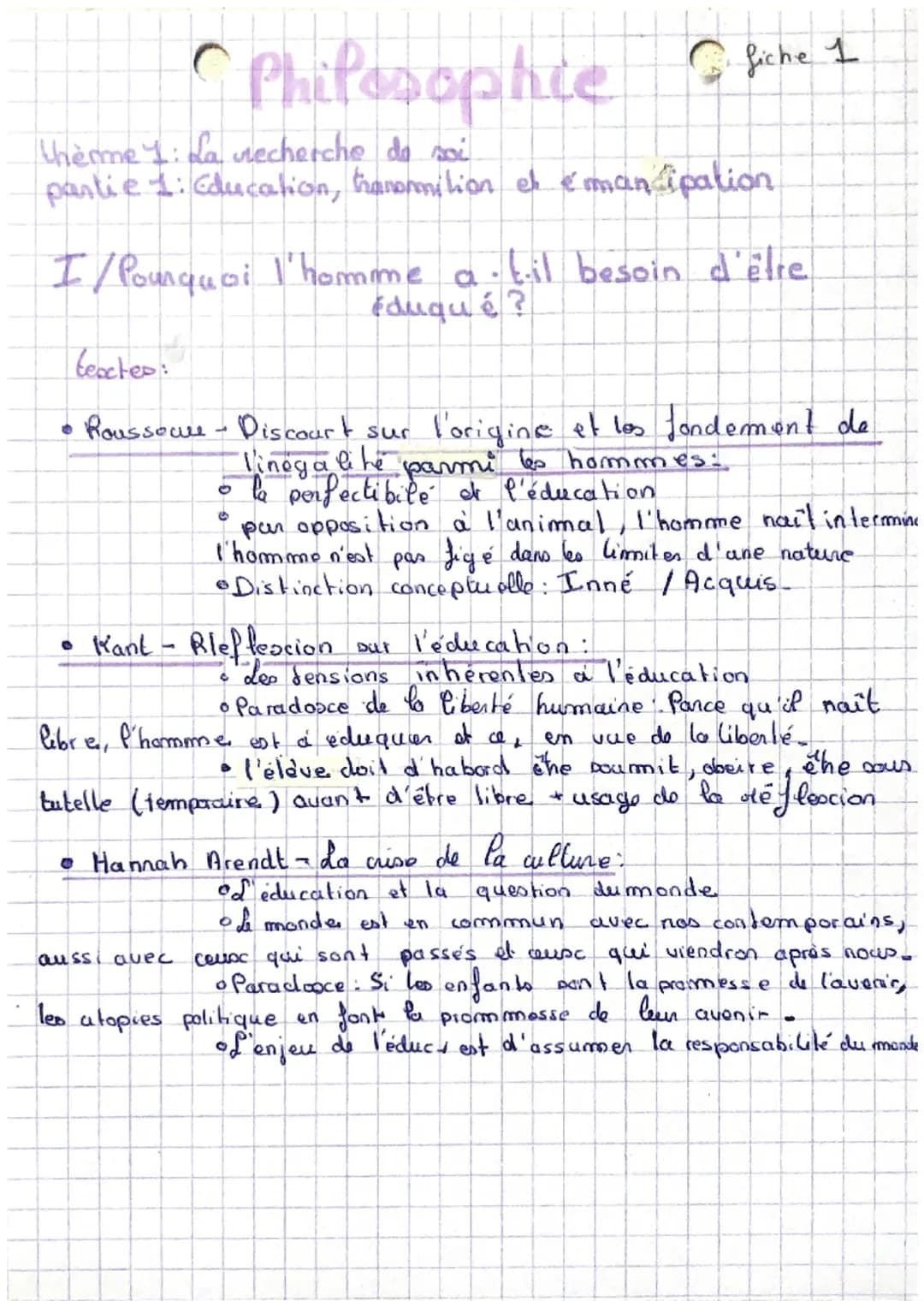 therme I: La vecherche de soi
partie 1: Education, transmition et éman ipation
Philosophie Spine I
fiche
I/ Pourquoi l'homme a-t-il besoin d