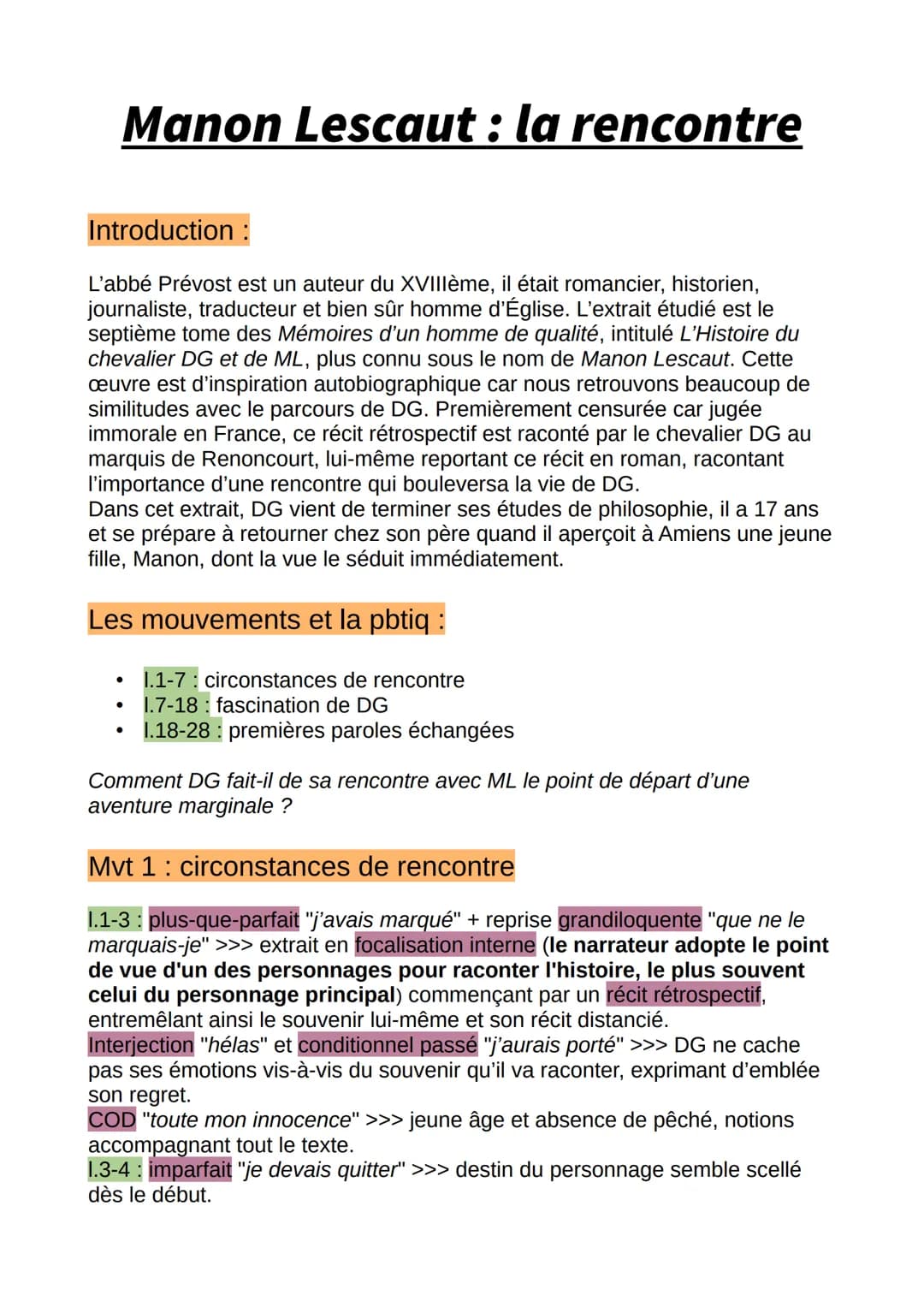 Manon Lescaut : la rencontre
Introduction :
L'abbé Prévost est un auteur du XVIIIème, il était romancier, historien,
journaliste, traducteur