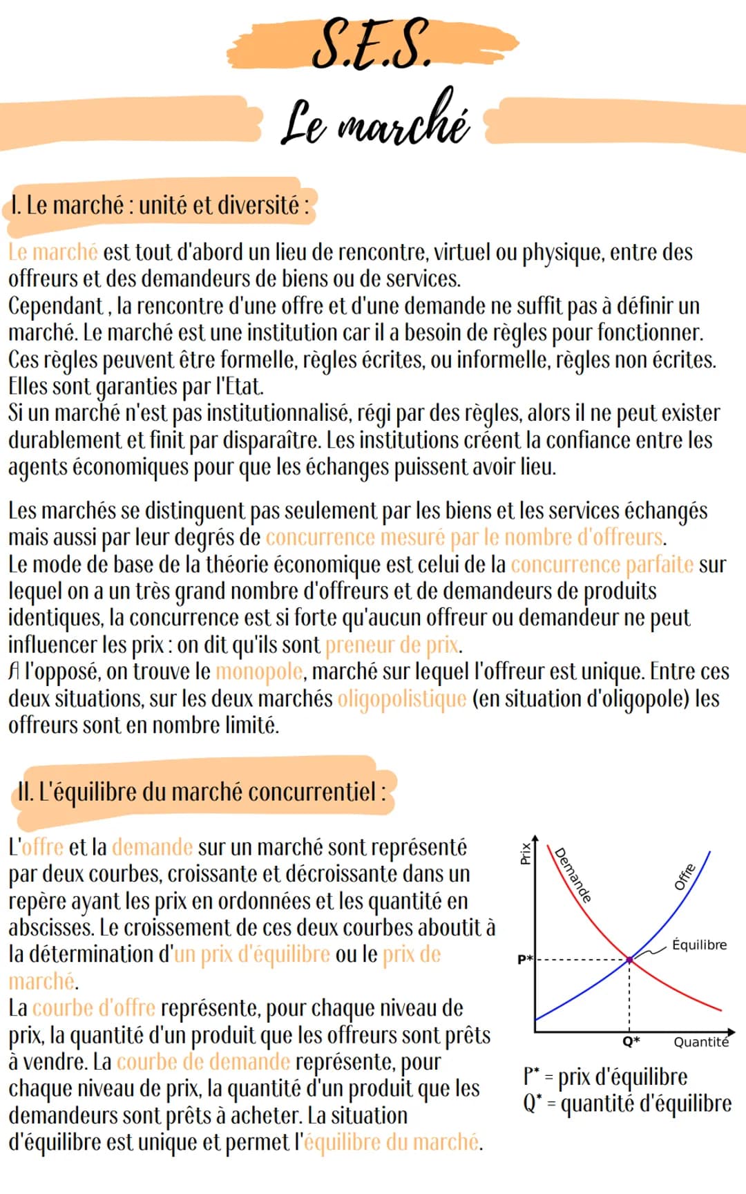 S.E.S.
Le marché
1. Le marché : unité et diversité :
Le marché est tout d'abord un lieu de rencontre, virtuel ou physique, entre des
offreur
