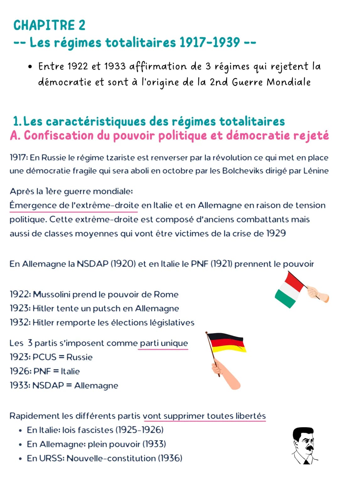 CHAPITRE 2
Les régimes totalitaires 1917-1939--
• Entre 1922 et 1933 affirmation de 3 régimes qui rejetent la
démocratie et sont à l'origine