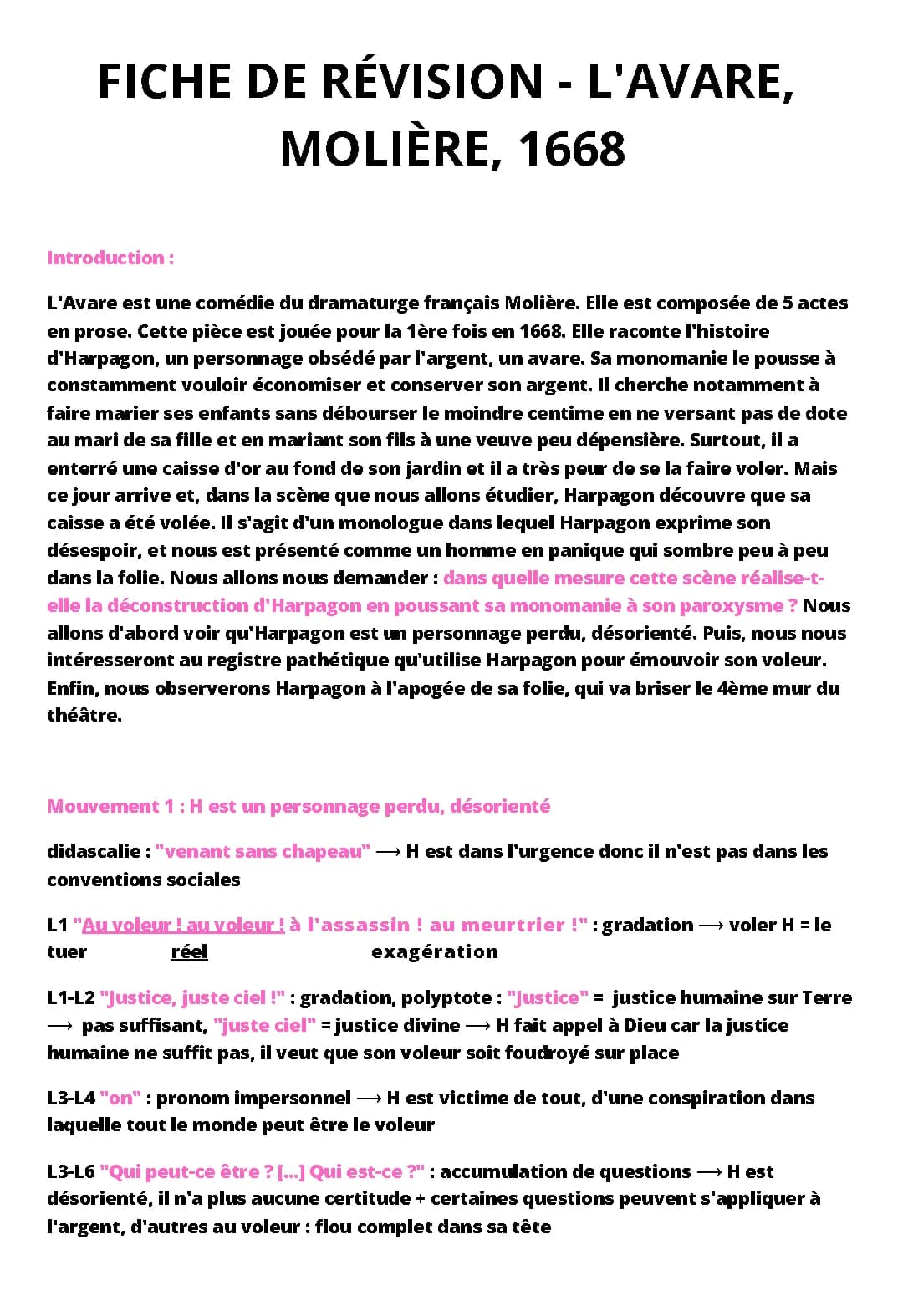 Fiche de révision bac - L'Avare, acte IV, scène 7, Molière