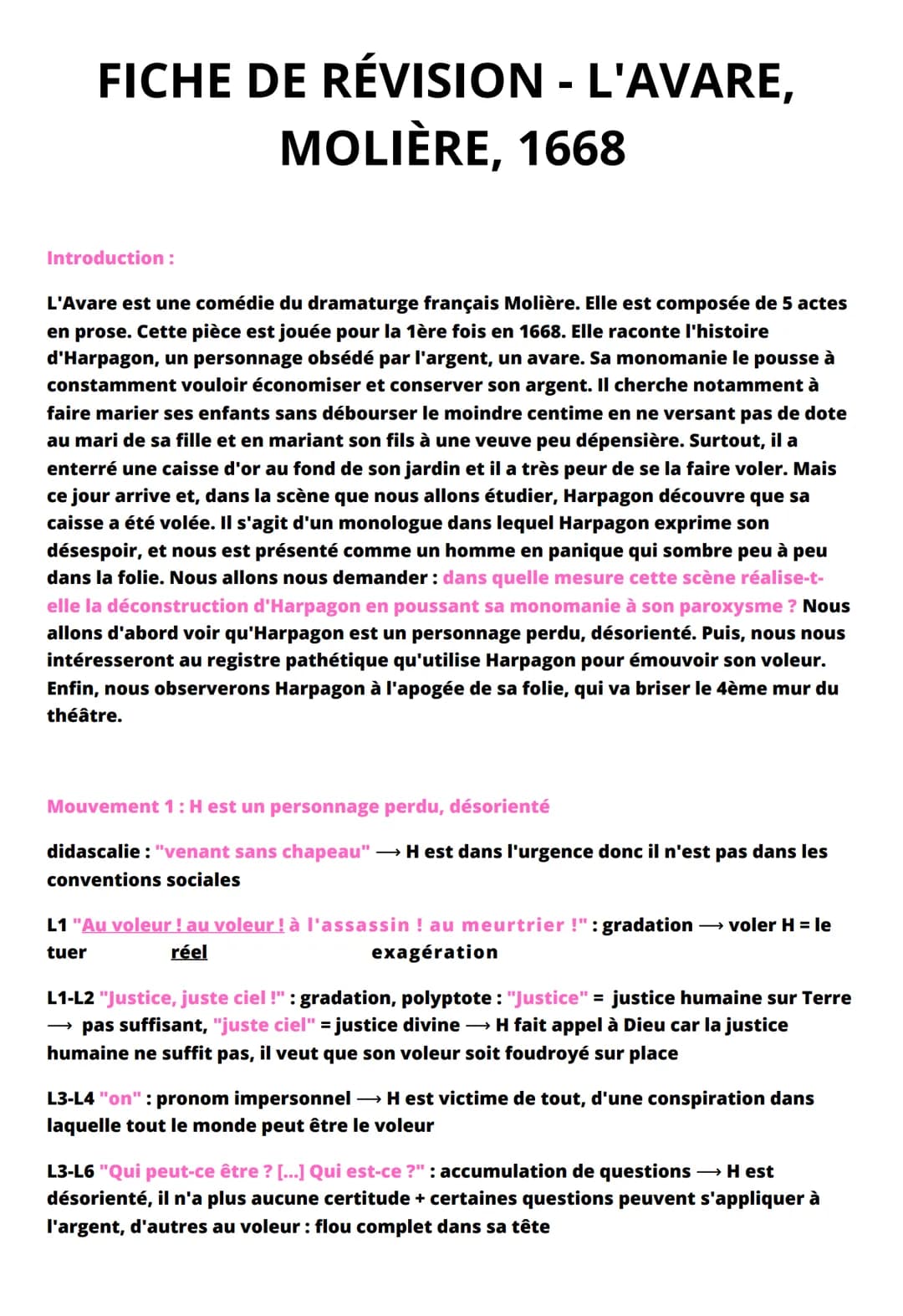 FICHE DE RÉVISION - L'AVARE,
MOLIÈRE,
1668
Introduction :
L'Avare est une comédie du dramaturge français Molière. Elle est composée de 5 act