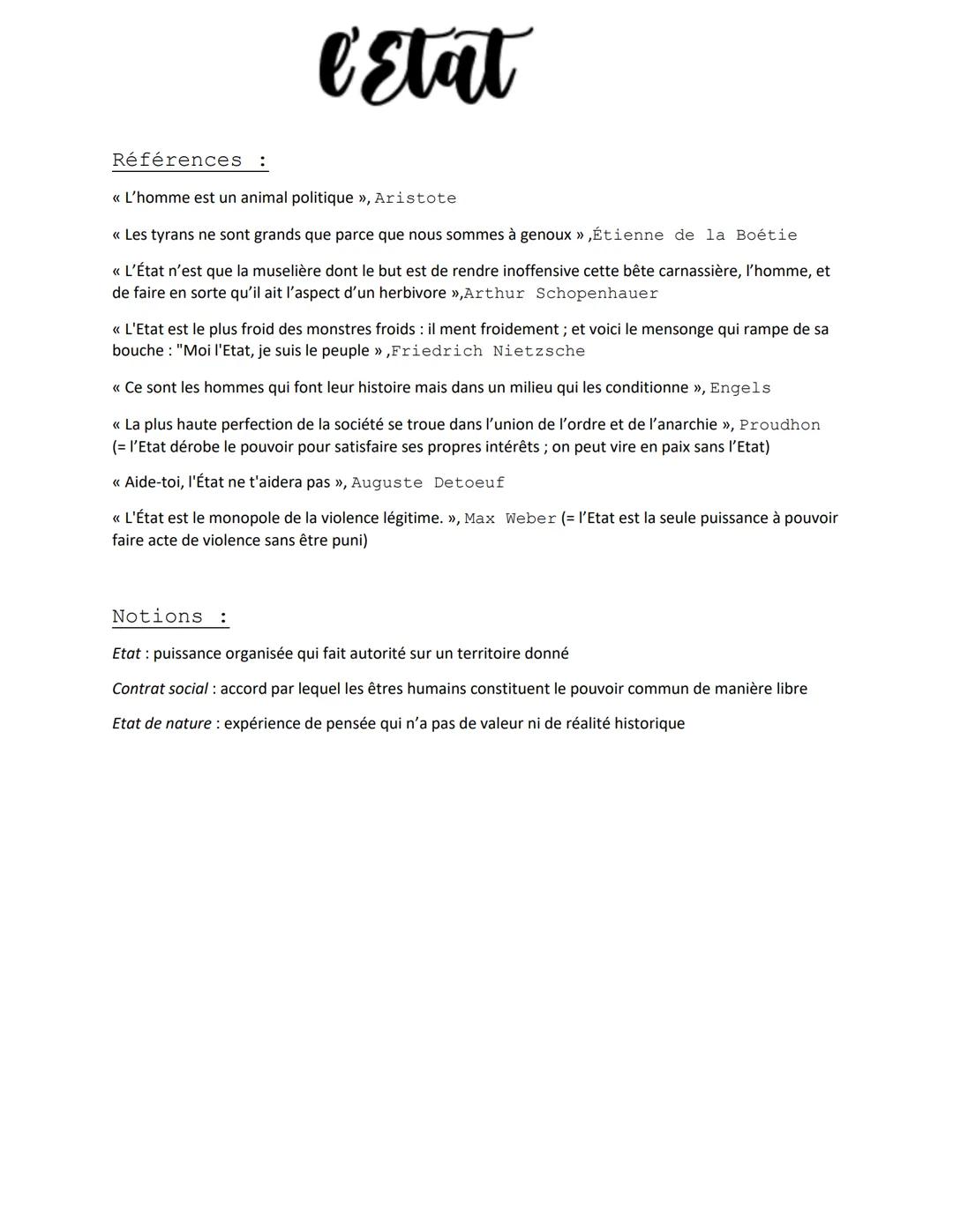 # l'Etat

Références:

« L'homme est un animal politique », Aristote

« Les tyrans ne sont grands que parce que nous sommes à genoux», Étien