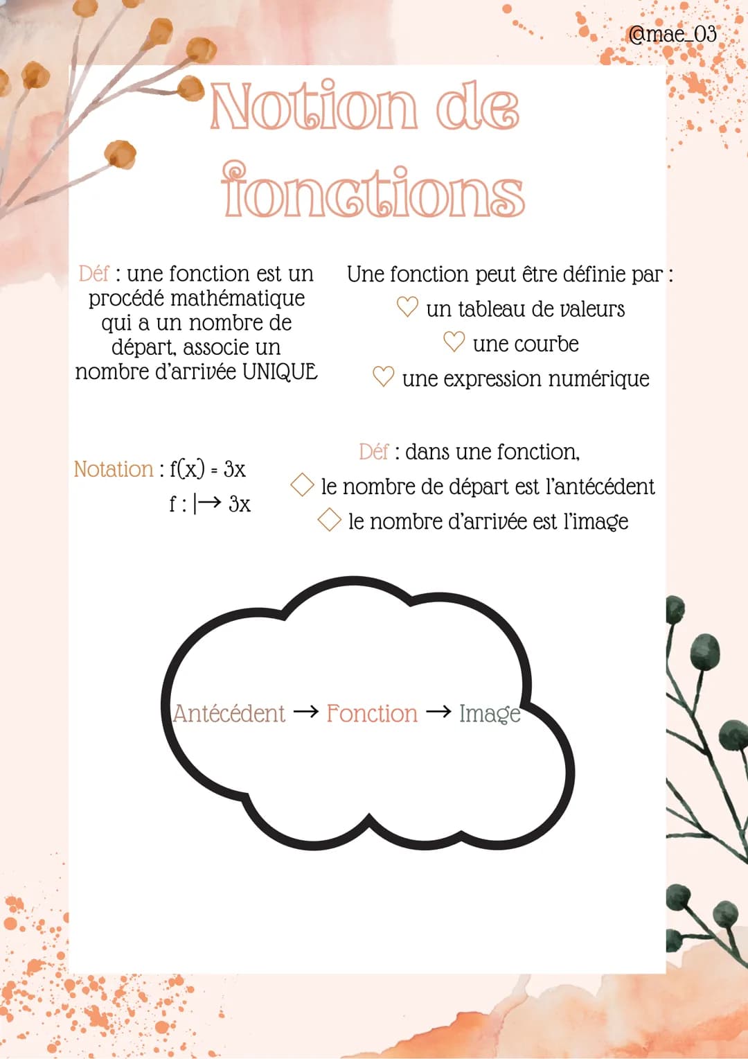 Notion de
fonctions
Déf : une fonction est un Une fonction peut être définie par :
procédé mathématique
qui a un nombre de
un tableau de val