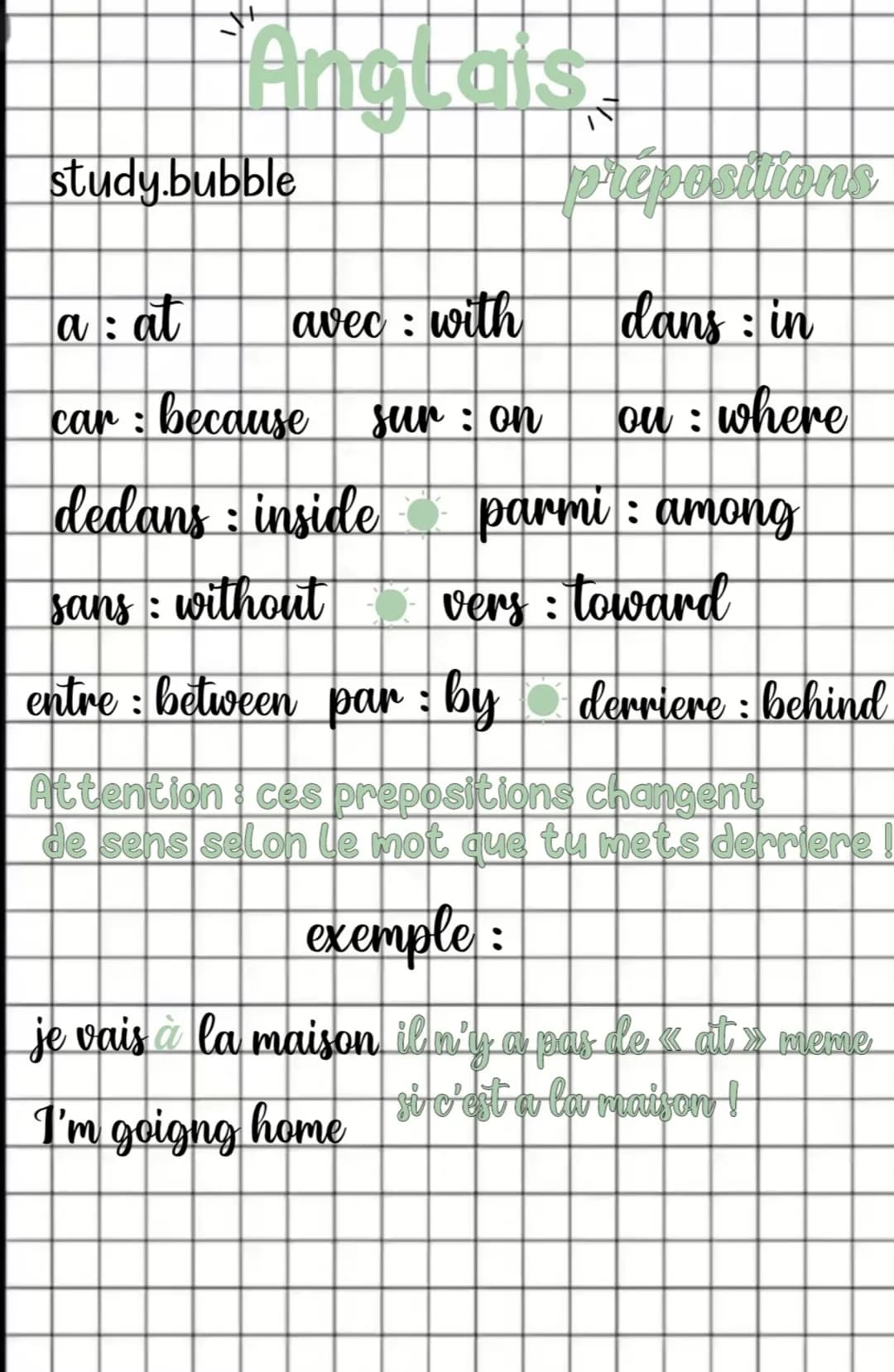 Anglais
study.bubble
avec with
:
a: at
car because sur : on
dedans inside
sans : without
entre : between par: by
prepositions
dans in
ou: wh