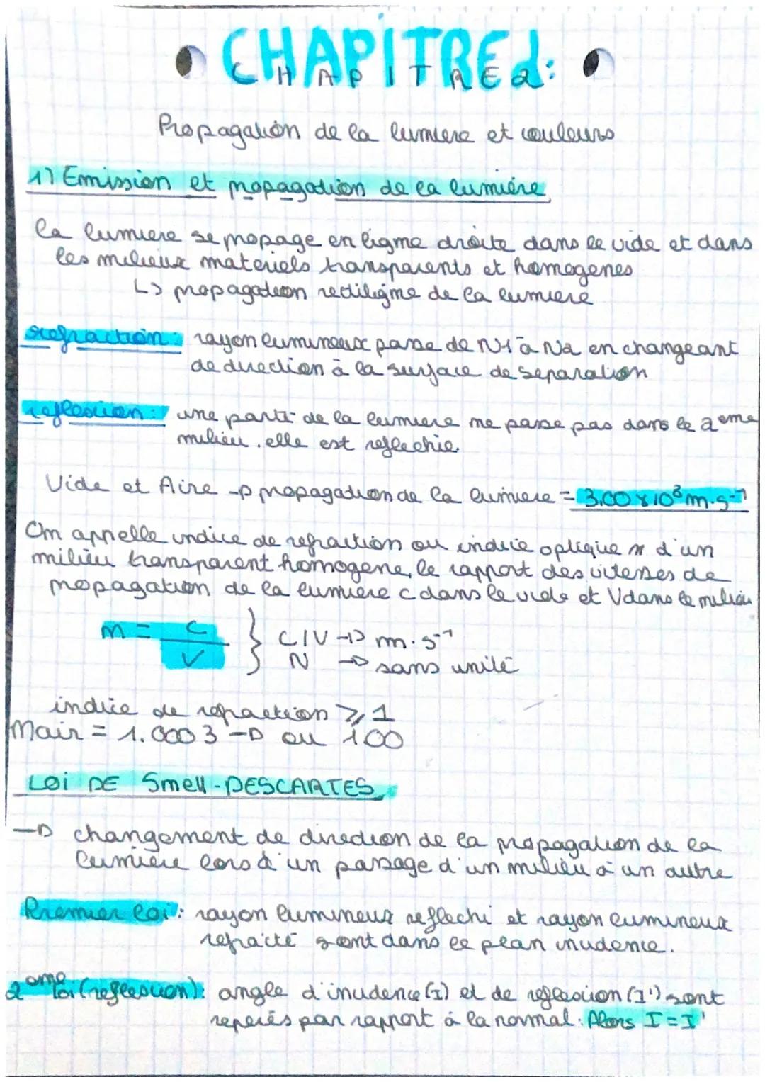 CHAPITRED: •
Propagation de la lumière et couleurs
17 Emission et mopagation de la lumière,
la lumiere se propage en ligne droite dans le vi