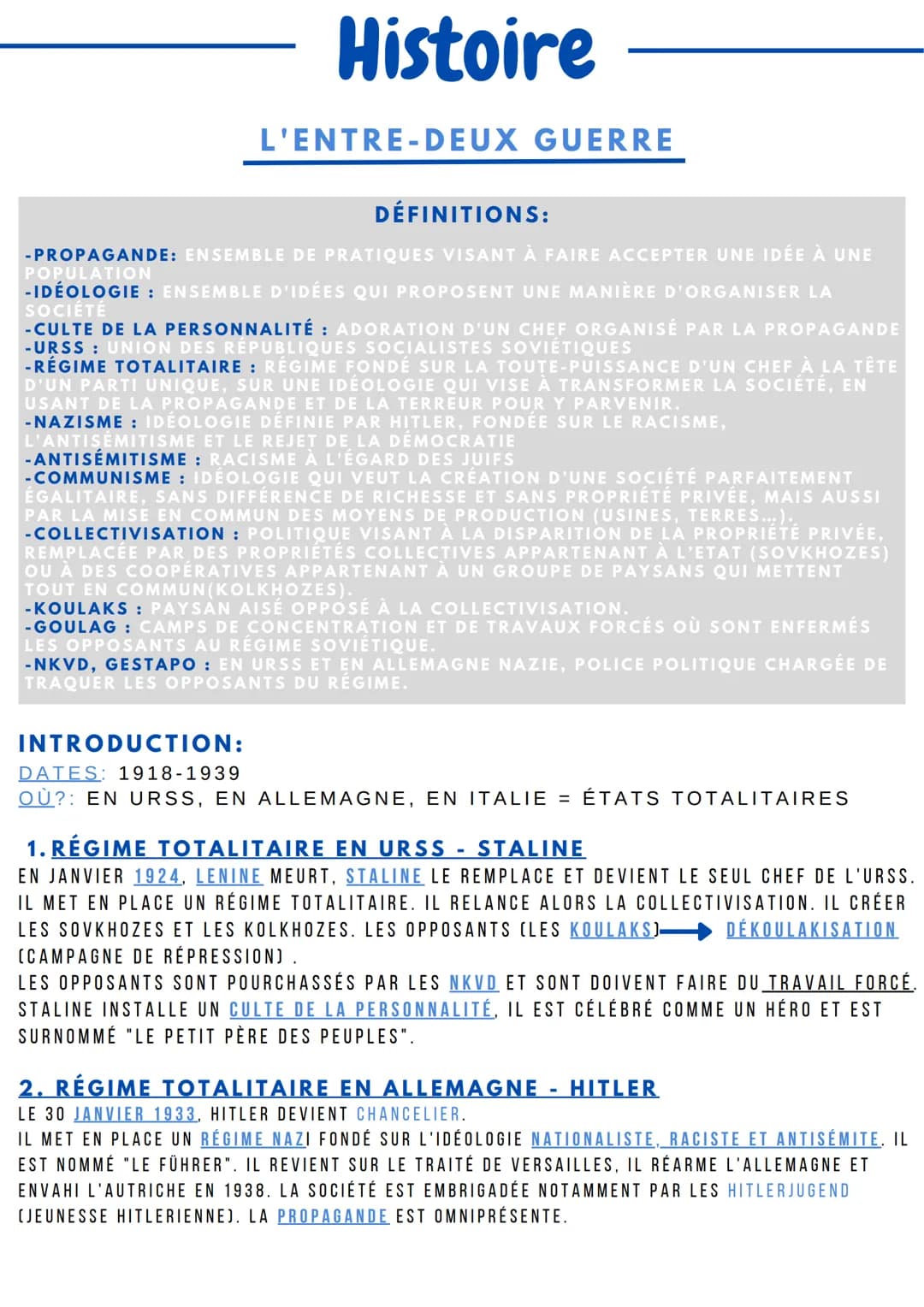 Histoire
L'ENTRE-DEUX GUERRE
DÉFINITIONS:
-PROPAGANDE: ENSEMBLE DE PRATIQUES VISANT À FAIRE ACCEPTER UNE IDÉE À UNE
POPULATION
-IDÉOLOGIE : 