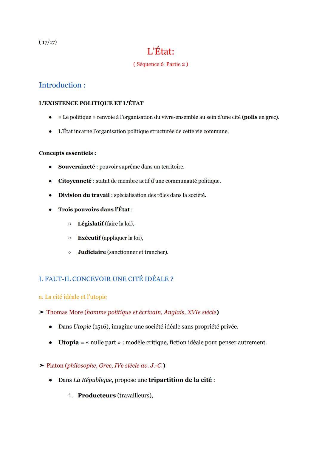 (17/17)
L'État:
(Séquence 6 Partie 2)
Introduction:
L'EXISTENCE POLITIQUE ET L'ÉTAT
* « Le politique » renvoie à l'organisation du vivre-ens