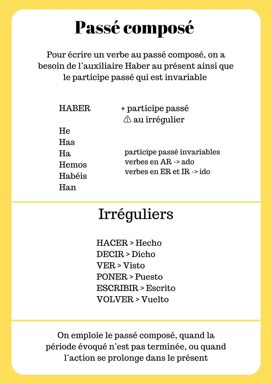 Passé composé
Pour écrire un verbe au passé composé, on a
besoin de l'auxiliaire Haber au présent ainsi que
le participe passé qui est invar